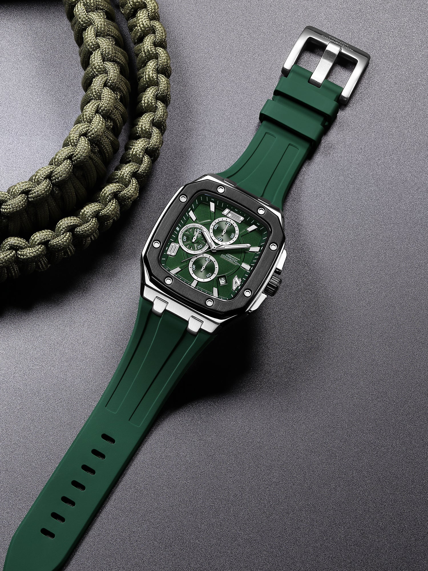 French Connection Aurionx | Quartz Chronograph | Green Dial | Green Silicone Strap | Watch for Men - FCO12N