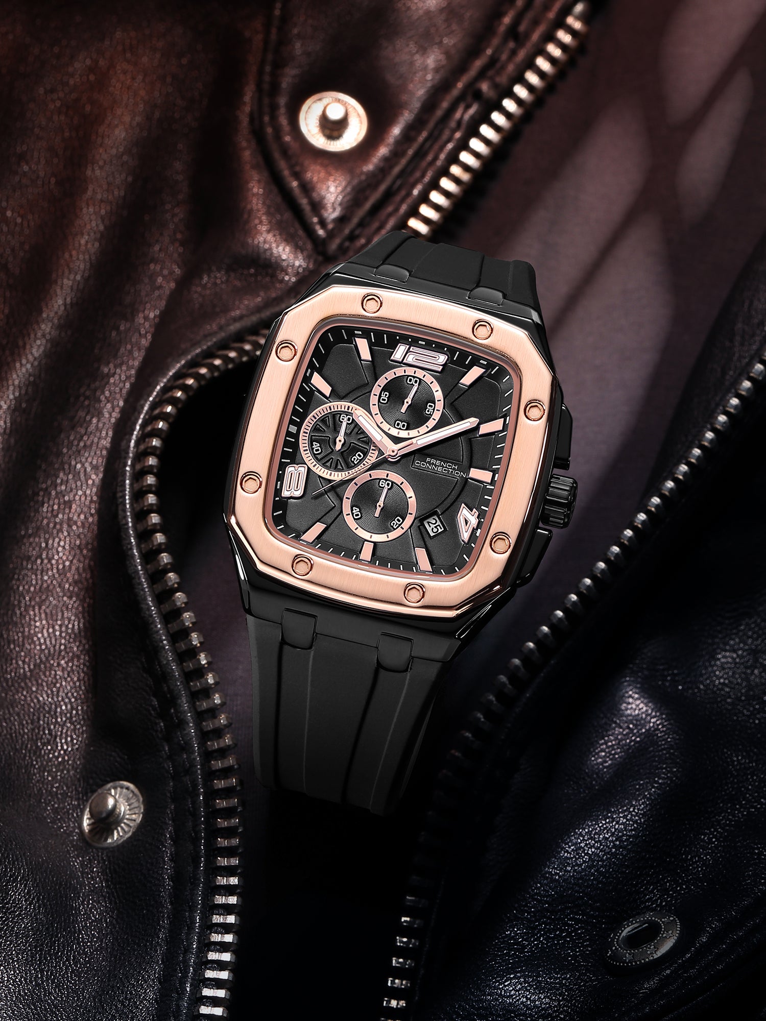 French Connection Aurionx | Quartz Chronograph | Black Dial | Black Silicone Strap | Watch for Men - FCO12RGB