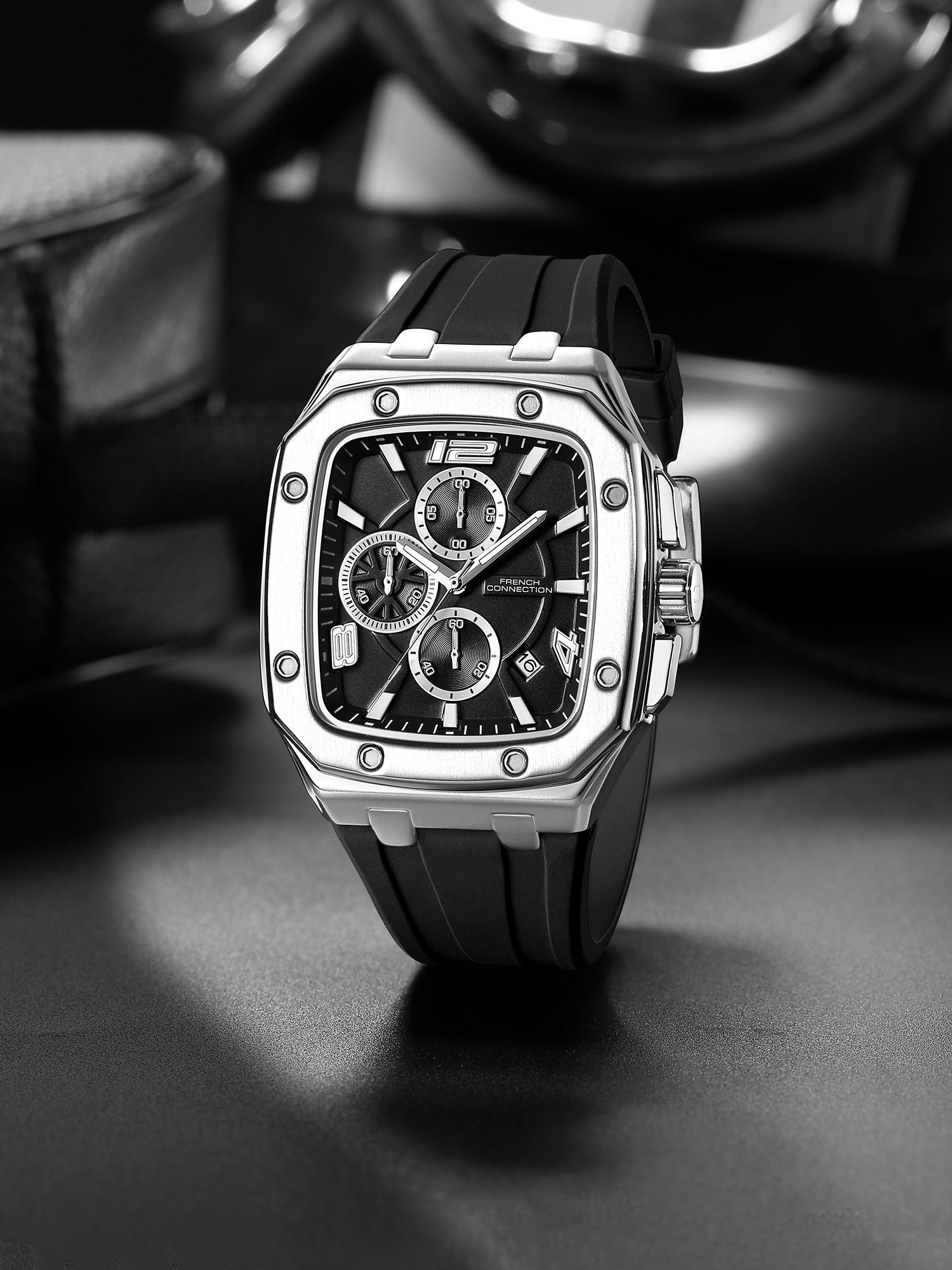 French Connection Aurionx | Quartz Chronograph | Black Dial | Black Silicone Strap | Watch for Men - FCO12SB