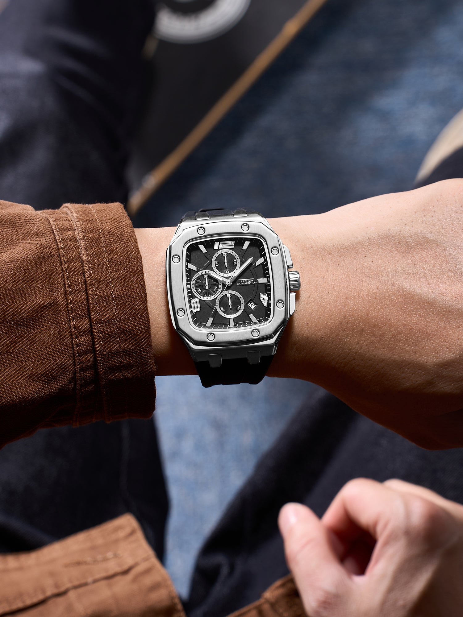 French Connection Aurionx | Quartz Chronograph | Black Dial | Black Silicone Strap | Watch for Men - FCO12SB