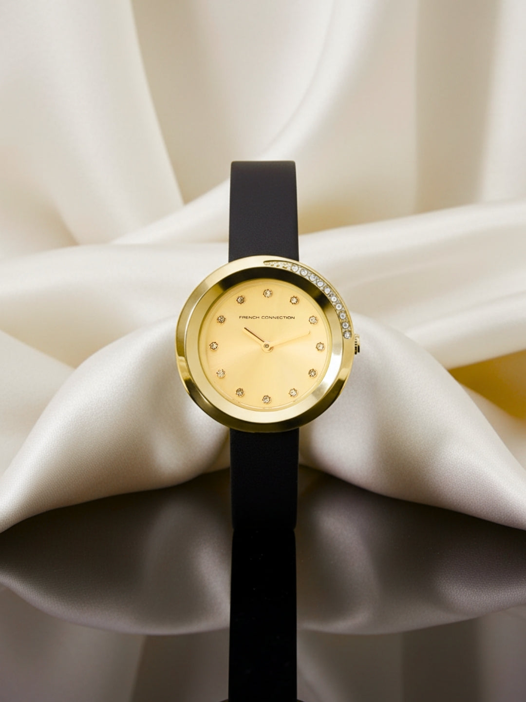 French Connection Sunray Champagne Round Dial With Black Leather Strap Watch - For Womens FCO1BL