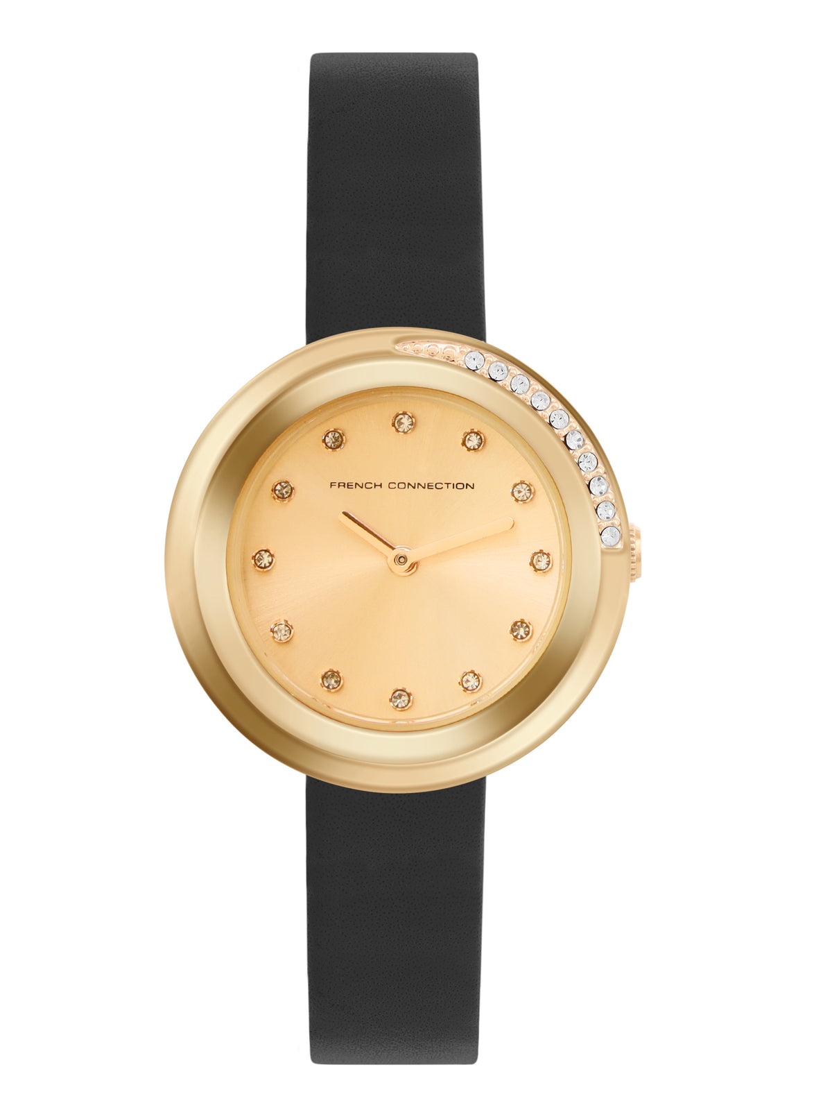 French Connection Sunray Champagne Round Dial With Black Leather Strap Watch - For Womens FCO1BL