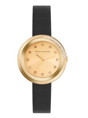 French Connection Sunray Champagne Round Dial With Black Leather Strap Watch - For Womens FCO1BL
