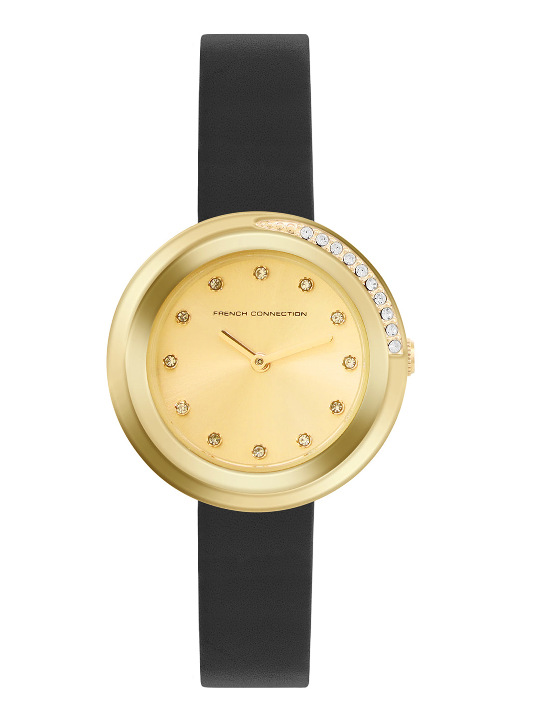 French Connection Sunray Champagne Round Dial With Black Leather Strap Watch - For Womens FCO1BL