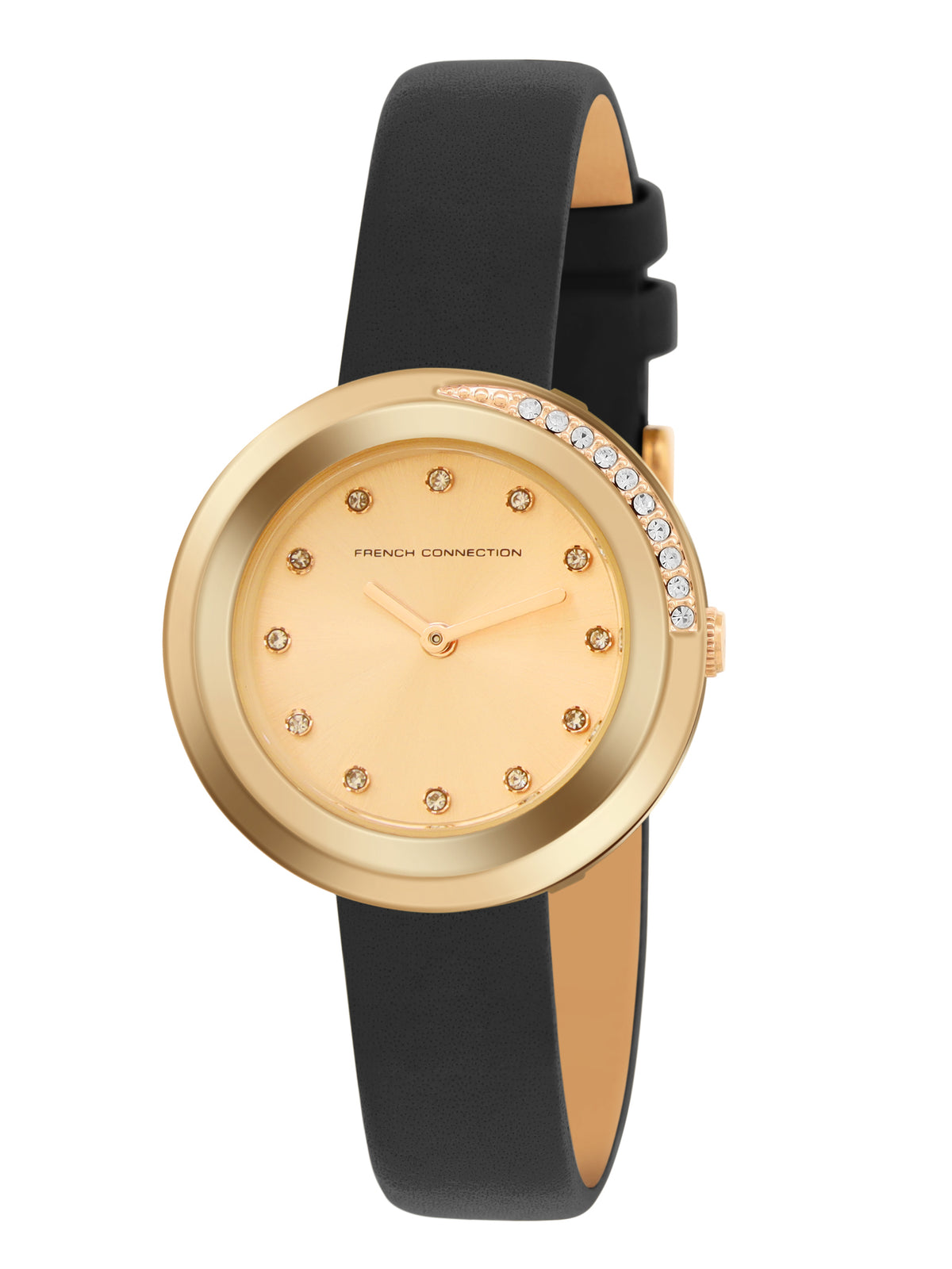 French Connection Sunray Champagne Round Dial With Black Leather Strap Watch - For Womens FCO1BL