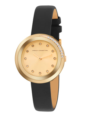 French Connection Sunray Champagne Round Dial With Black Leather Strap Watch - For Womens FCO1BL