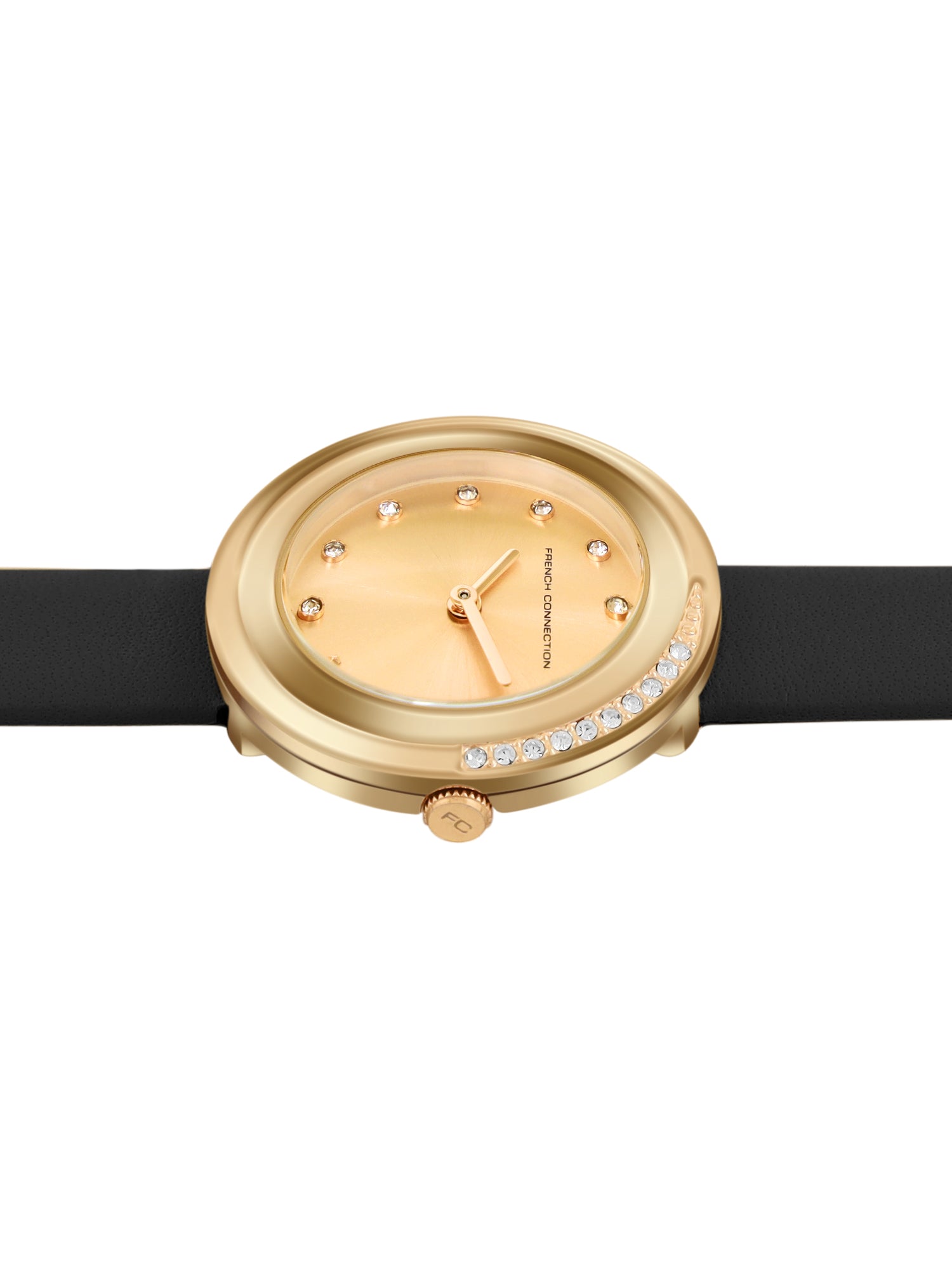 French Connection Sunray Champagne Round Dial With Black Leather Strap Watch - For Womens FCO1BL