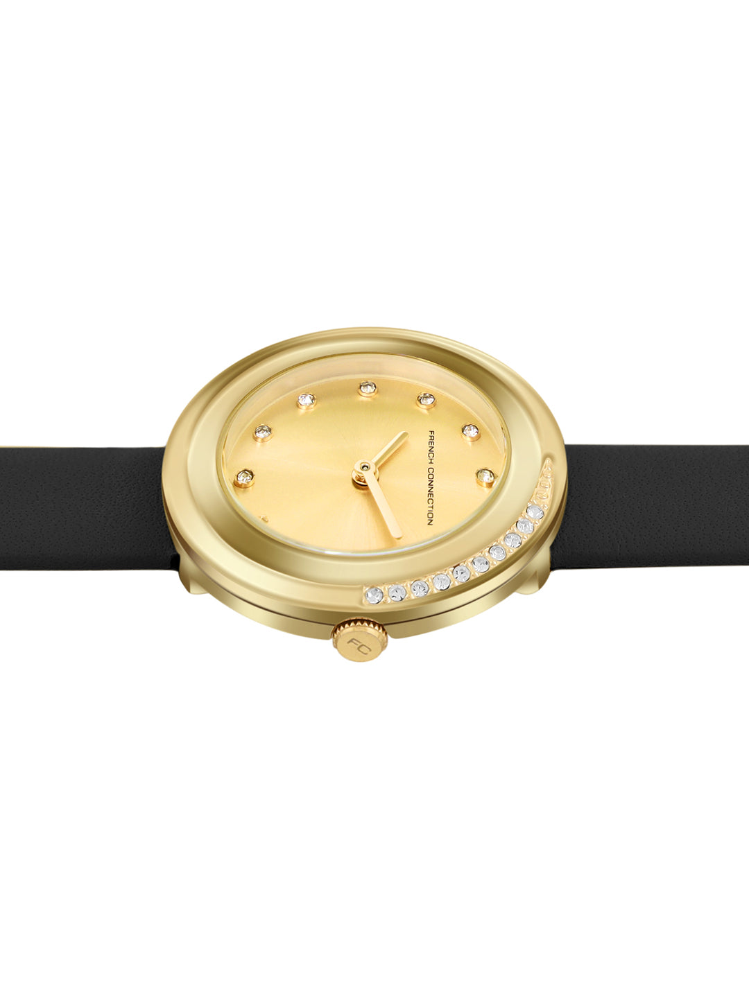 French Connection Sunray Champagne Round Dial With Black Leather Strap Watch - For Womens FCO1BL