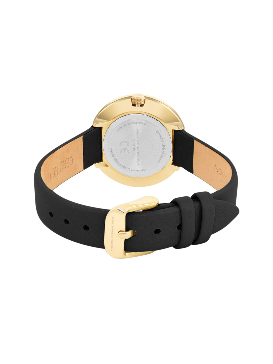 French Connection Sunray Champagne Round Dial With Black Leather Strap Watch - For Womens FCO1BL