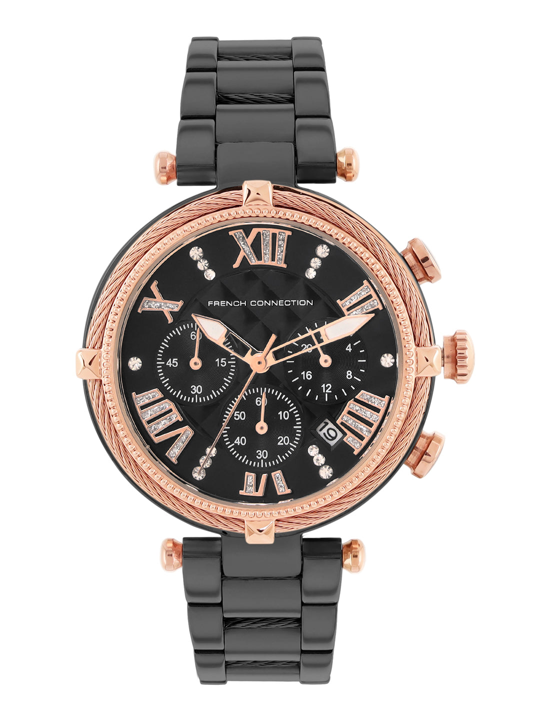 French Connection Embossed Round Black Dial With  Black Stainless Steel Strap Chronograph Watch - For Womens FCO4BM