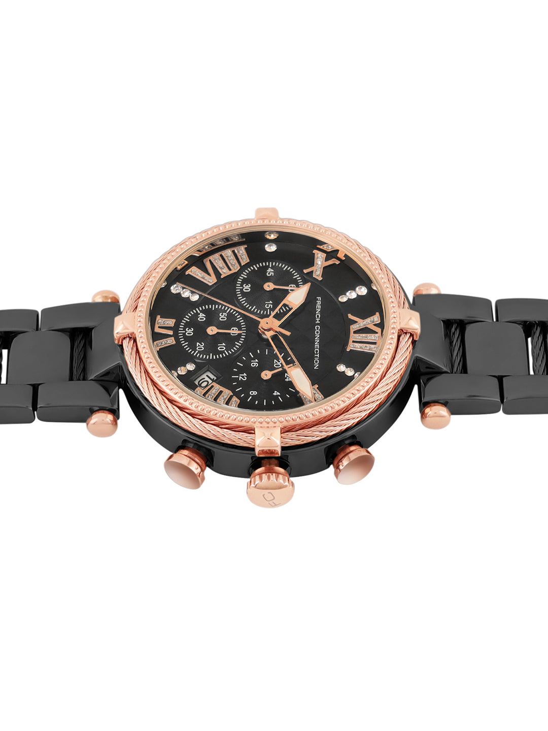 French Connection Embossed Round Black Dial With  Black Stainless Steel Strap Chronograph Watch - For Womens FCO4BM