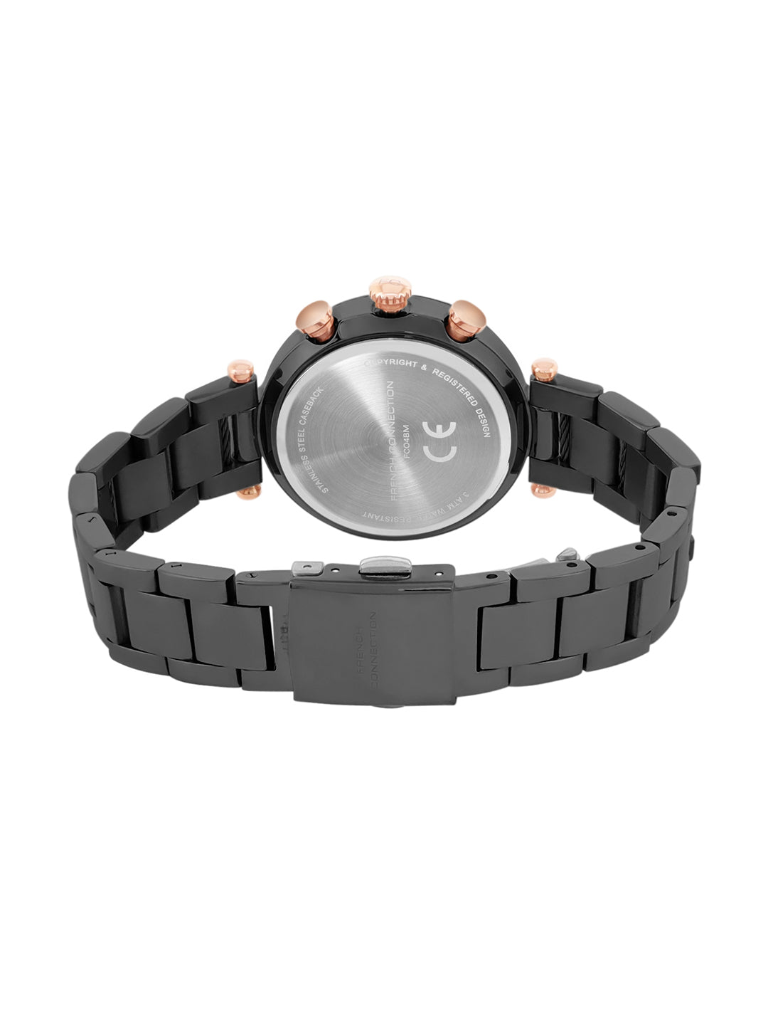 French Connection Embossed Round Black Dial With  Black Stainless Steel Strap Chronograph Watch - For Womens FCO4BM