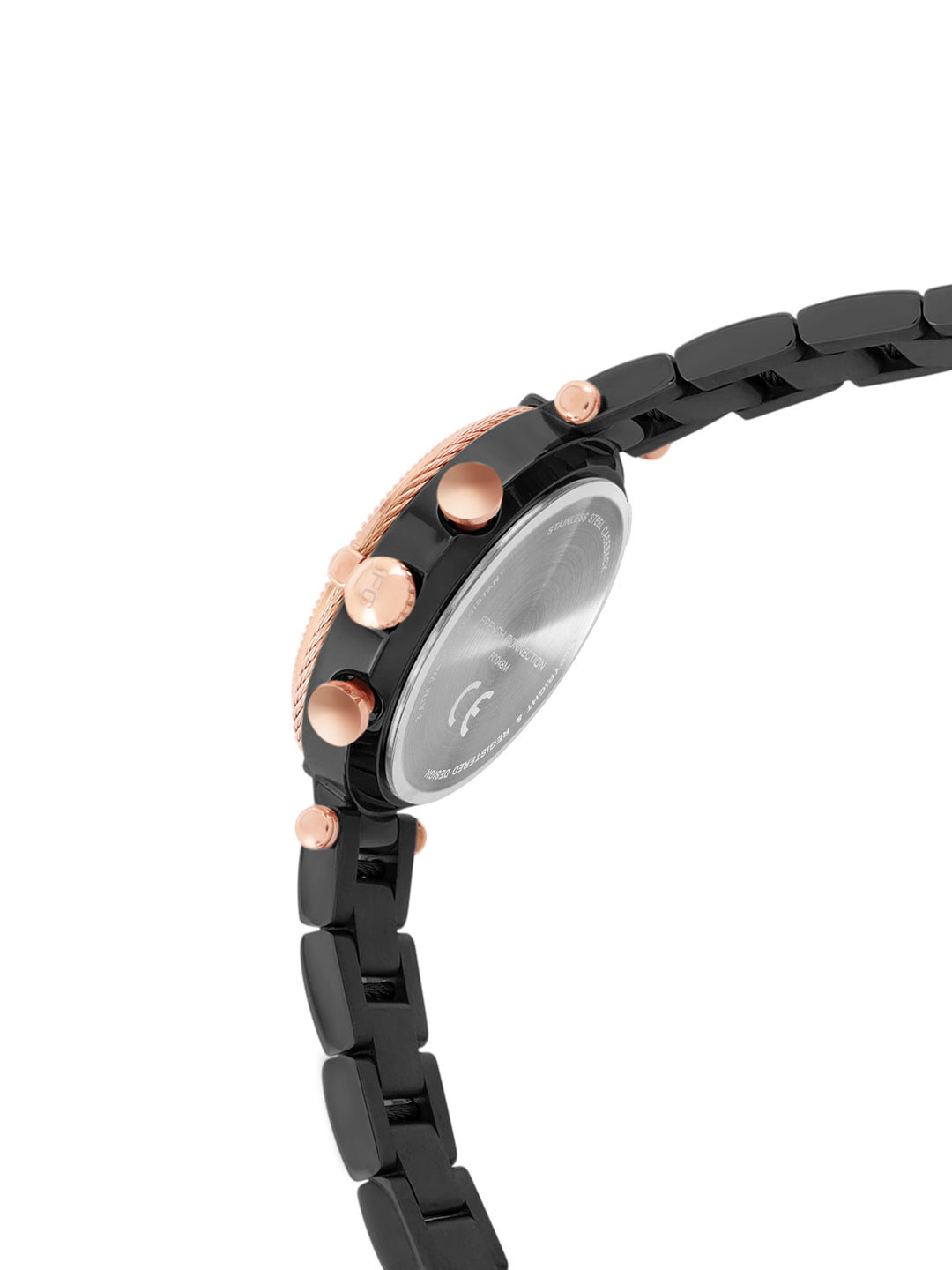 French Connection Embossed Round Black Dial With  Black Stainless Steel Strap Chronograph Watch - For Womens FCO4BM