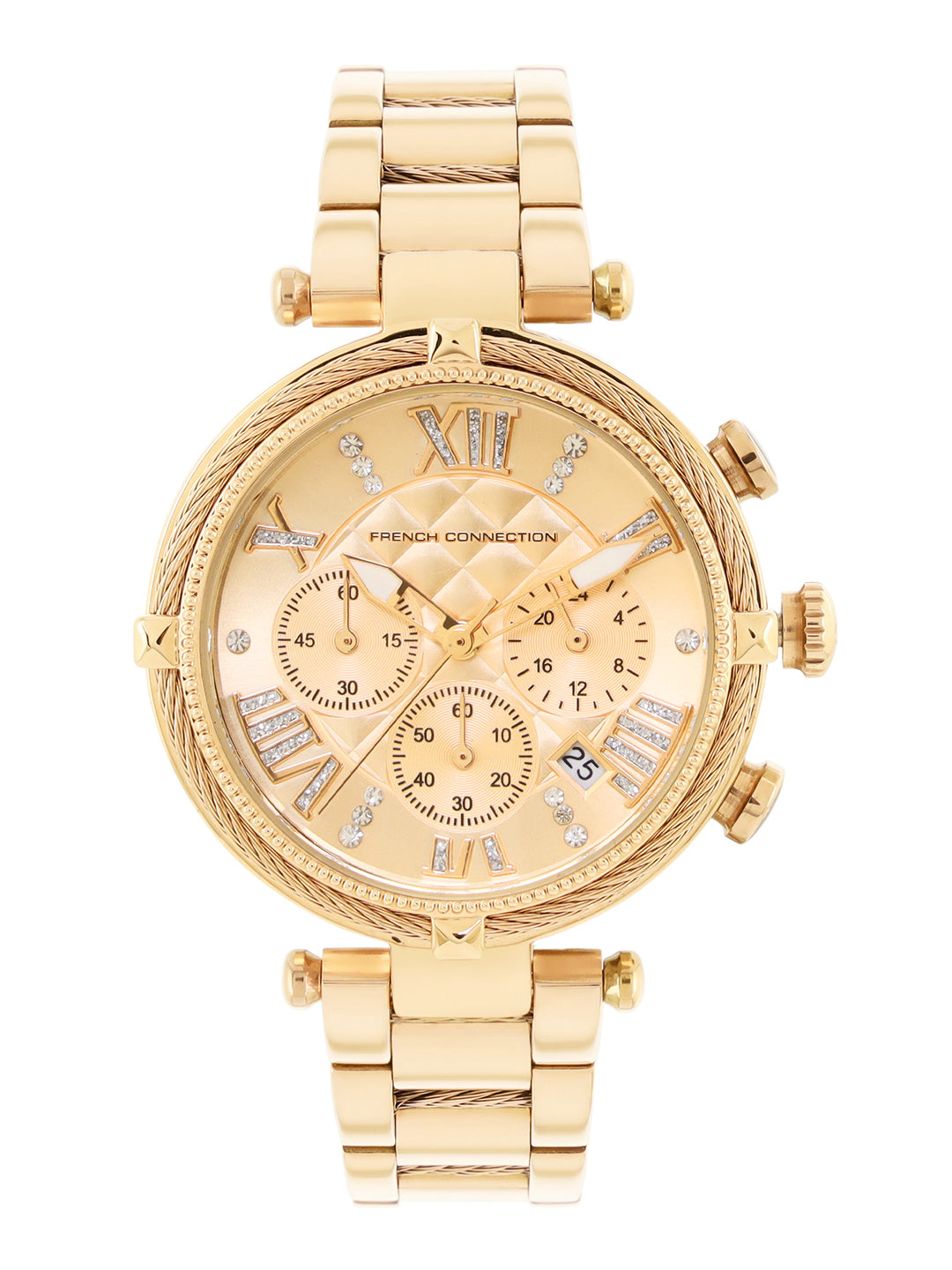 French Connection Embossed Round Dial With 12Pcs Stones Champagne Dial With  Gold Stainless Steel  Strap Chronograph Watch - For Womens FCO4GM
