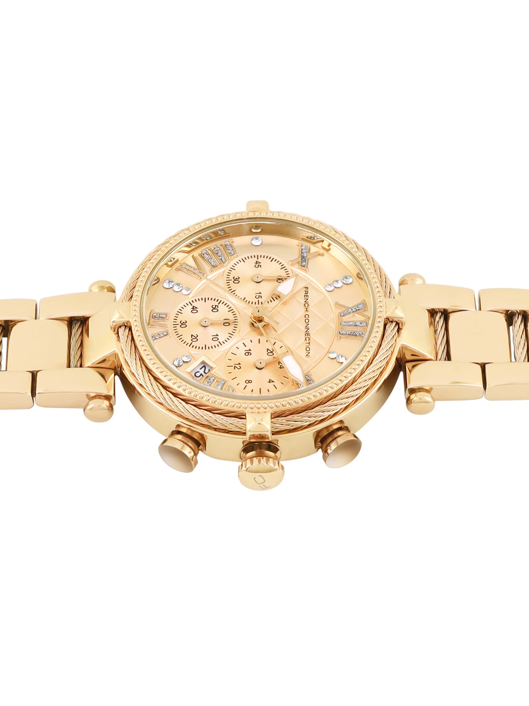 French Connection Embossed Round Dial With 12Pcs Stones Champagne Dial With  Gold Stainless Steel  Strap Chronograph Watch - For Womens FCO4GM