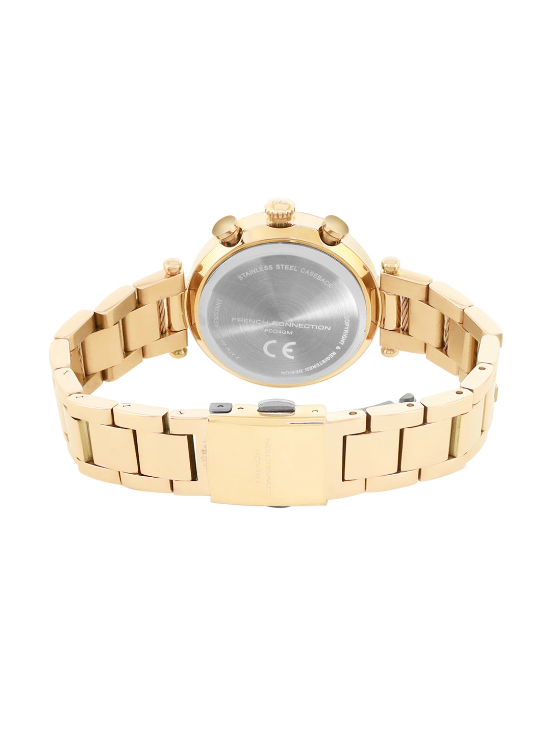 French Connection Embossed Round Dial With 12Pcs Stones Champagne Dial With  Gold Stainless Steel  Strap Chronograph Watch - For Womens FCO4GM