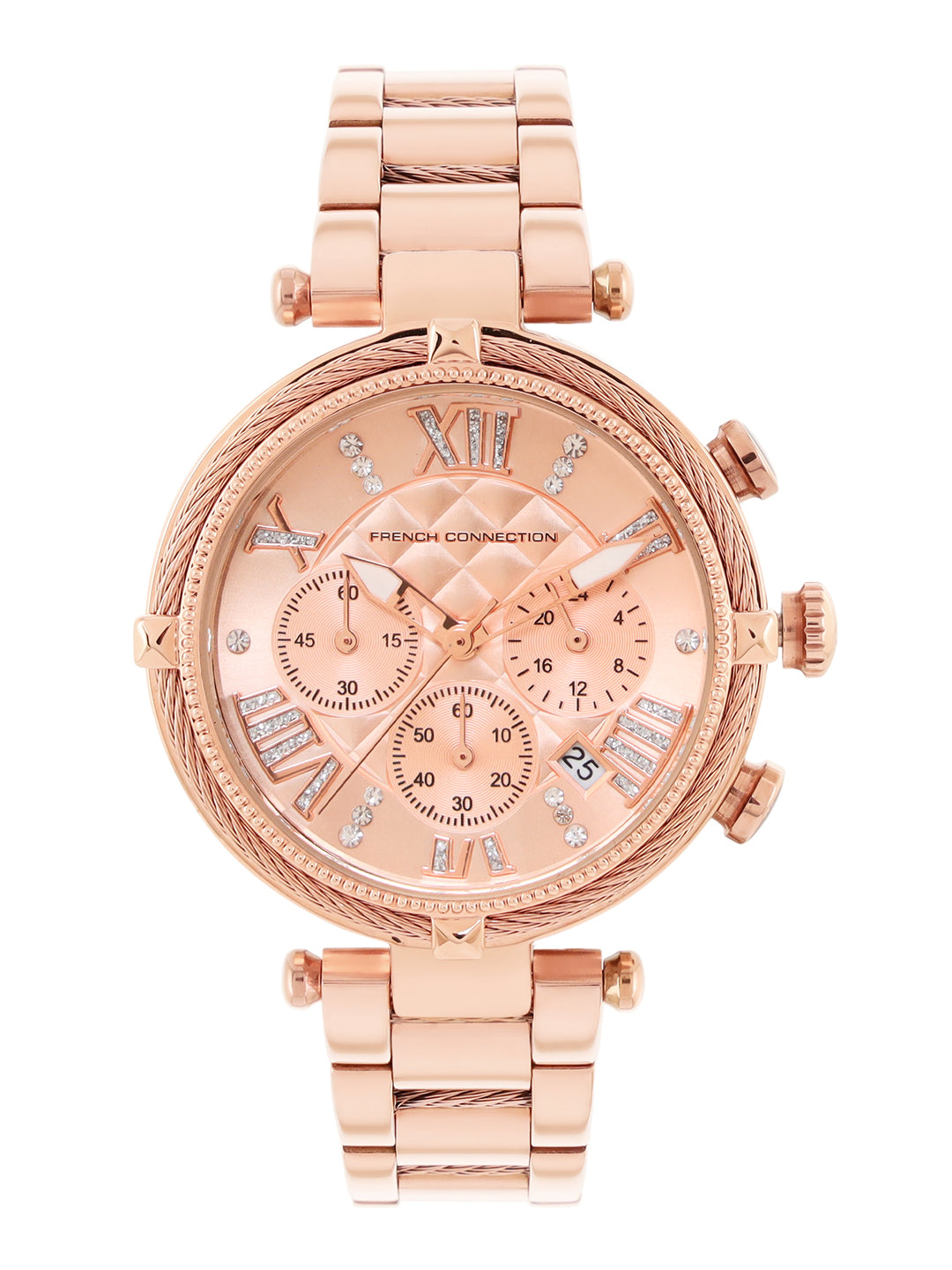 French Connection Embossed Round Dial With 12Pcs Stones Rosegold Dial With Rose Stainless Steel  Strap Chronograph Watch - For Womens FCO4RGM