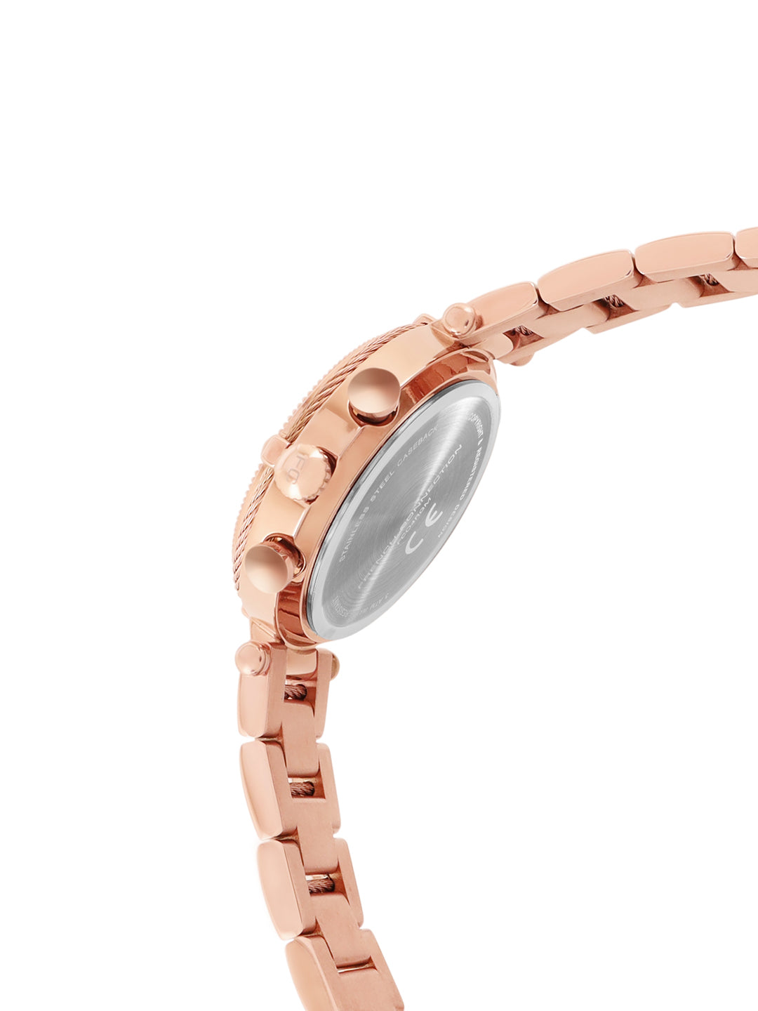 French Connection Embossed Round Dial With 12Pcs Stones Rosegold Dial With Rose Stainless Steel  Strap Chronograph Watch - For Womens FCO4RGM