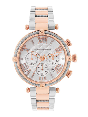 French Connection Embossed Round Dial With 12Pcs Stones Silver Dial With Rose Stainless Steel  Strap Chronograph Watch - For Womens FCO4RTM
