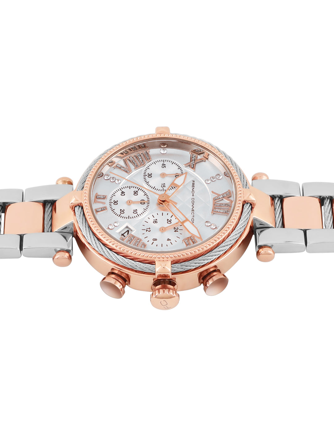 French Connection Embossed Round Dial With 12Pcs Stones Silver Dial With Rose Stainless Steel  Strap Chronograph Watch - For Womens FCO4RTM