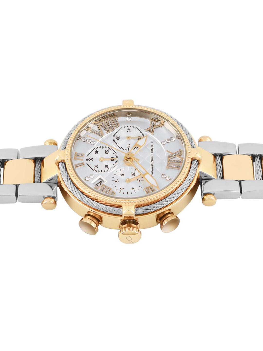 French Connection Embossed Round Dial With 12Pcs Stones Silver Dial With Gold Two Tone Stainless Steel  Strap Chronograph Watch - For Womens FCO4TM