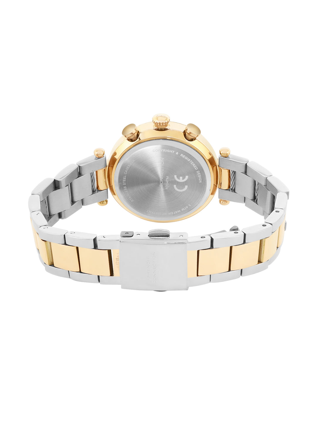 French Connection Embossed Round Dial With 12Pcs Stones Silver Dial With Gold Two Tone Stainless Steel  Strap Chronograph Watch - For Womens FCO4TM