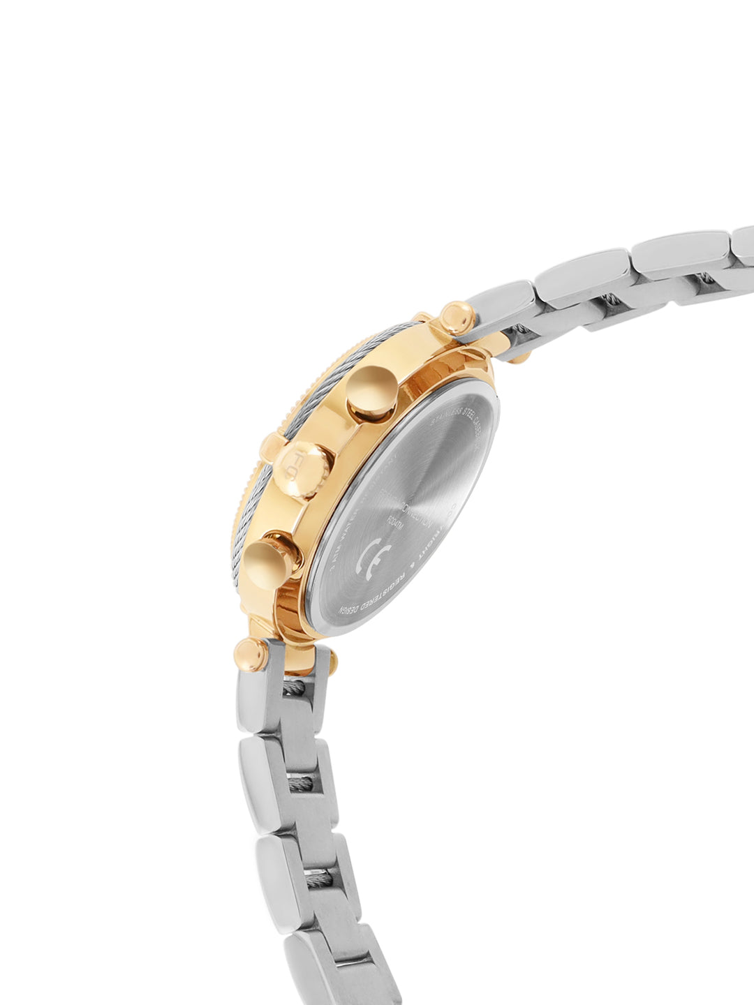 French Connection Embossed Round Dial With 12Pcs Stones Silver Dial With Gold Two Tone Stainless Steel  Strap Chronograph Watch - For Womens FCO4TM