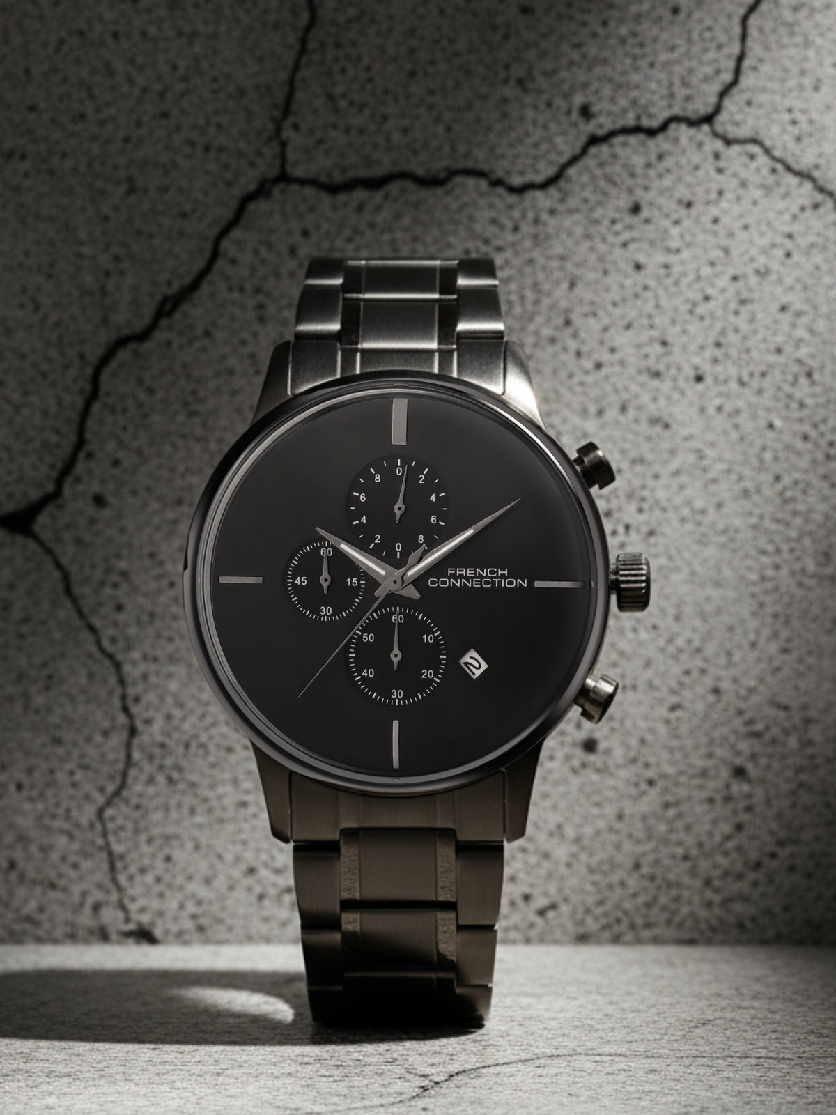 French Connection Grey Embossed Round Dial With Stainless Steel Strap Chronograph Watch - For Mens FCO5GNM