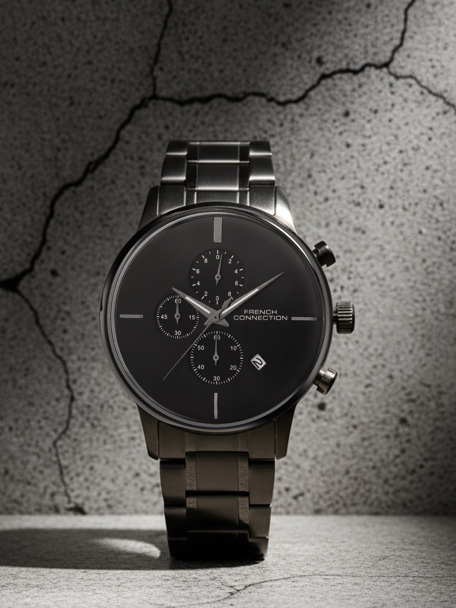 French Connection Grey Embossed Round Dial With Stainless Steel Strap Chronograph Watch - For Mens FCO5GNM