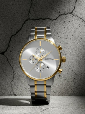 French Connection Silver Embossed Round Dial With Gold Stainless Steel Strap Chronograph Watch - For Mens FCO5TM