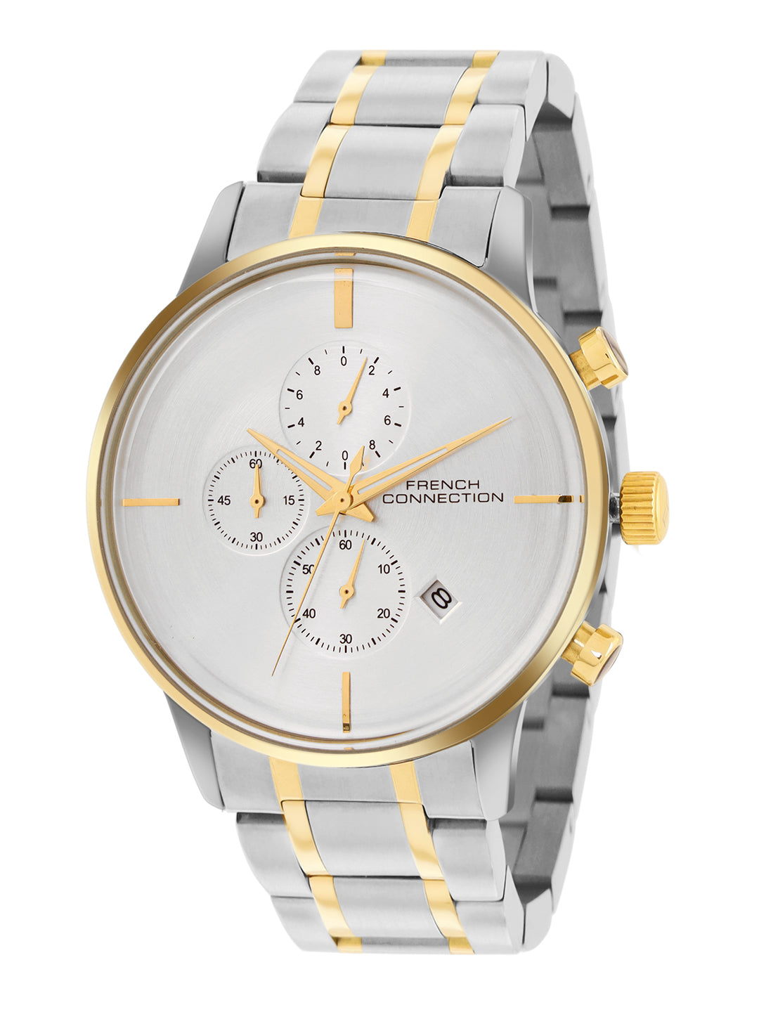 French Connection Silver Embossed Round Dial With Gold Stainless Steel Strap Chronograph Watch - For Mens FCO5TM