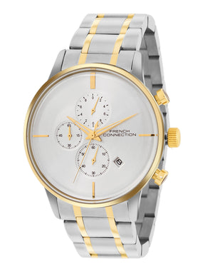 French Connection Silver Embossed Round Dial With Gold Stainless Steel Strap Chronograph Watch - For Mens FCO5TM