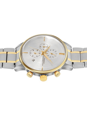 French Connection Silver Embossed Round Dial With Gold Stainless Steel Strap Chronograph Watch - For Mens FCO5TM