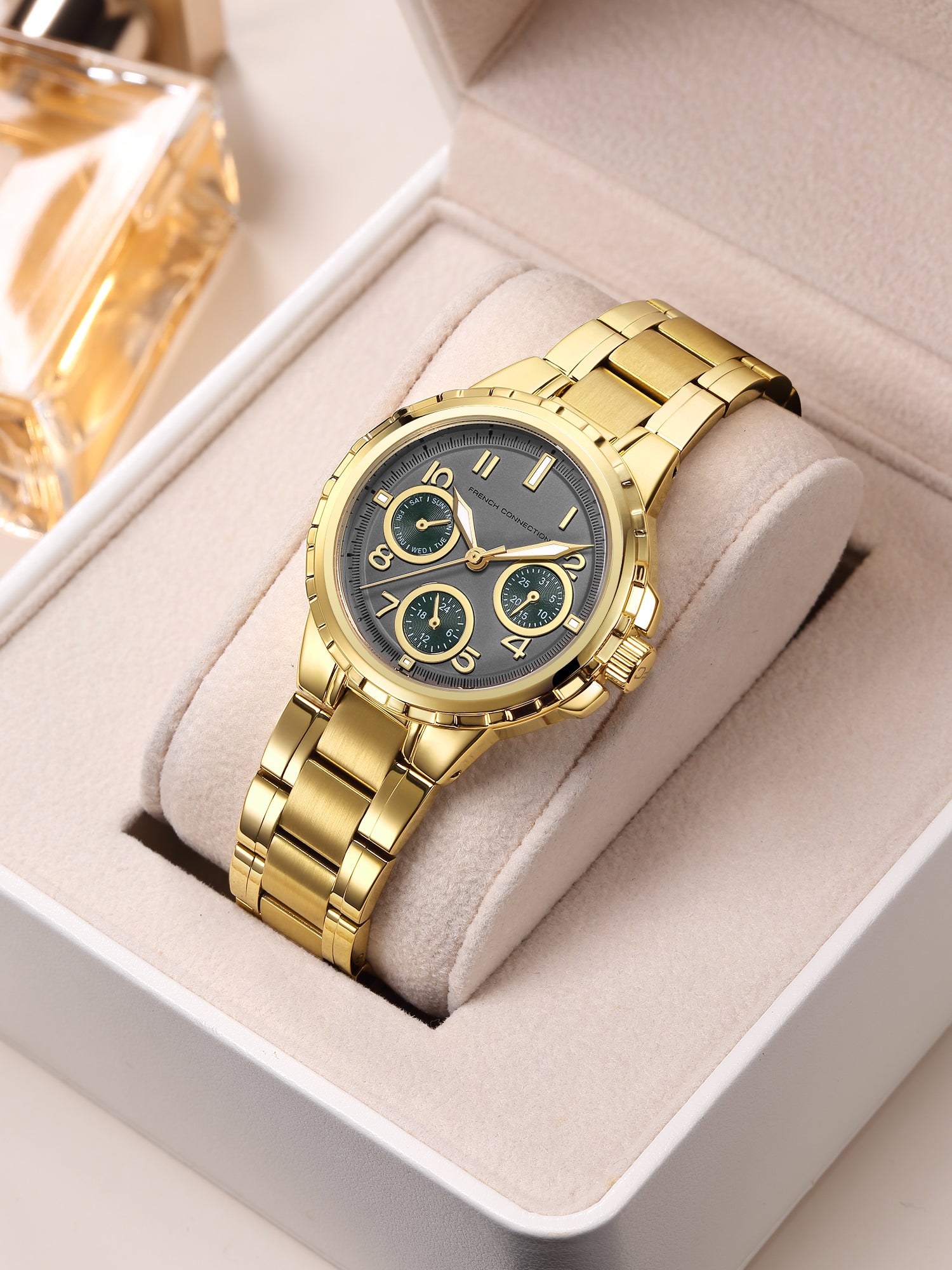 French Connection Chronéa | Quartz Chronograph | Black Dial | Gold Stainless Steel Strap | Watch for Men - FCO6GM