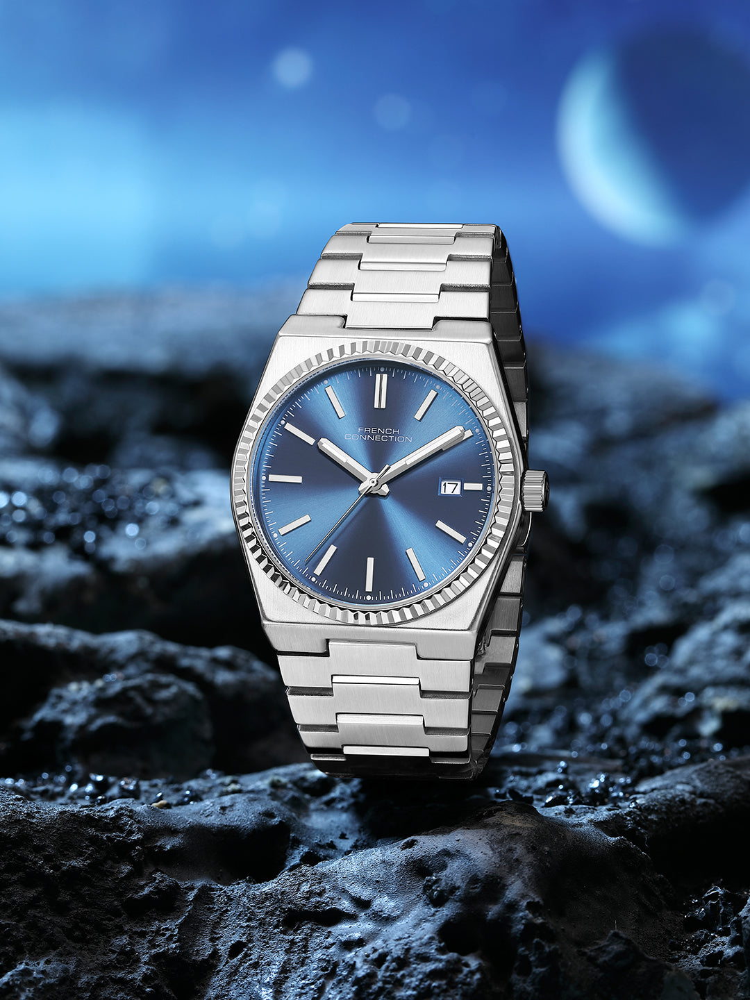 French Connection Vesper | Quartz Dated Display | Blue Dial | Silver Stainless Steel Strap | Watch for Men - FCO8USM