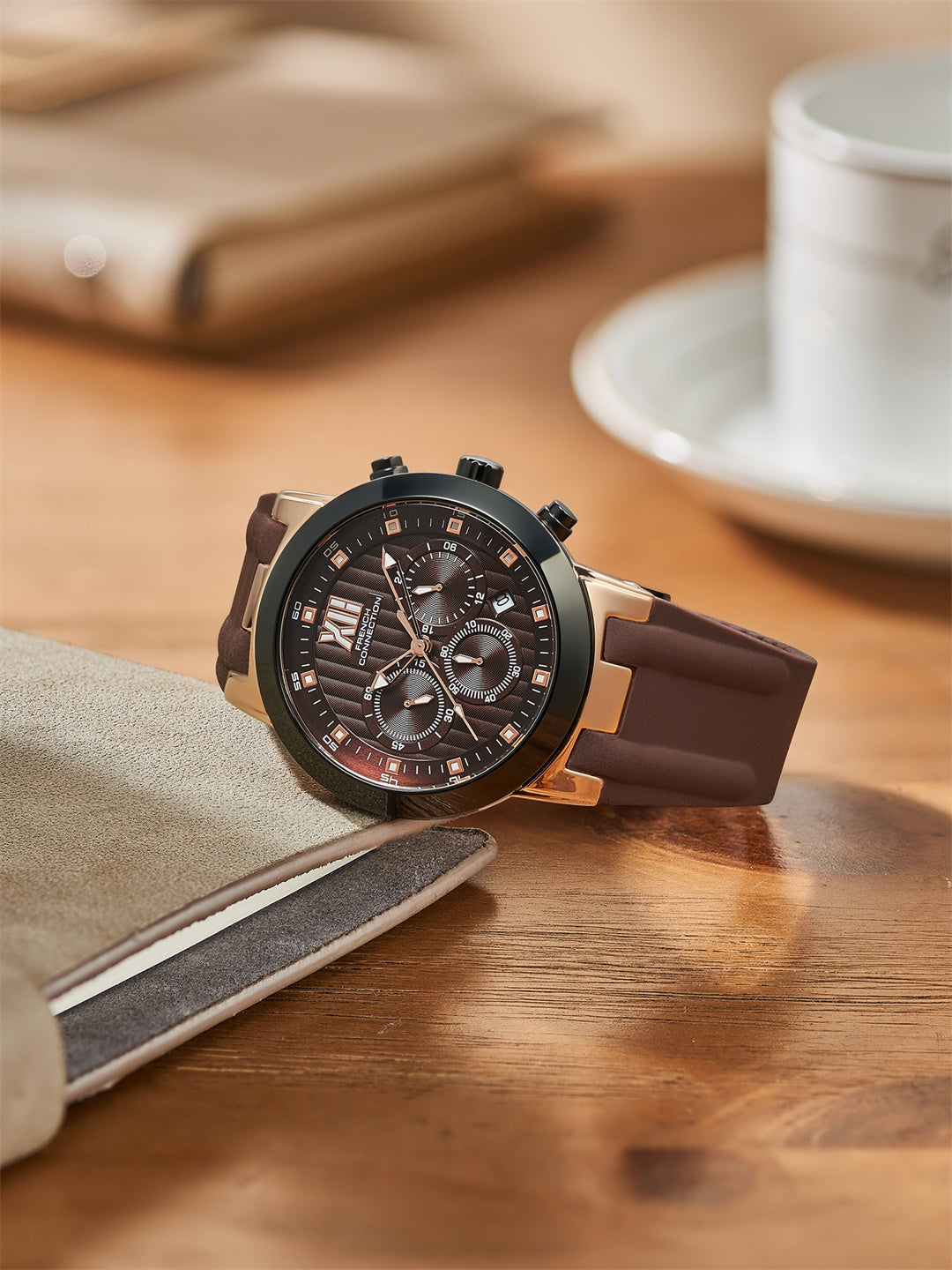 French Connection Imperio | Quartz Chronograph | Brown Dial | Silver Brown Silicone Strap | Watch for Men - FCP48BR