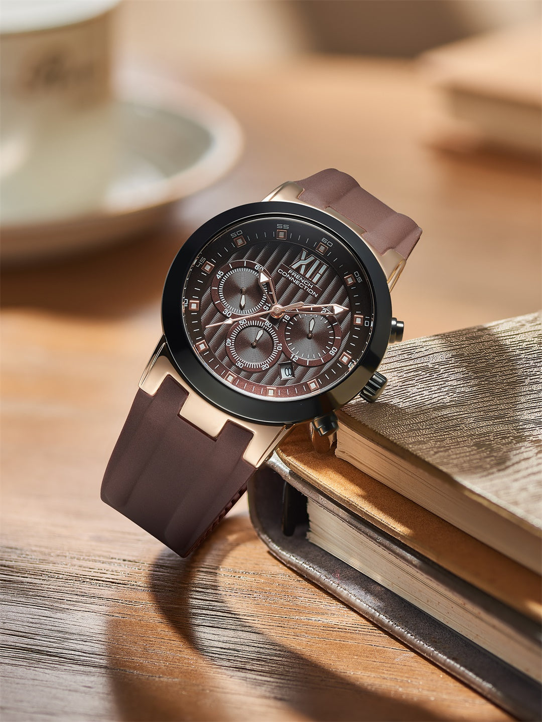 French Connection Imperio | Quartz Chronograph | Brown Dial | Silver Brown Silicone Strap | Watch for Men - FCP48BR