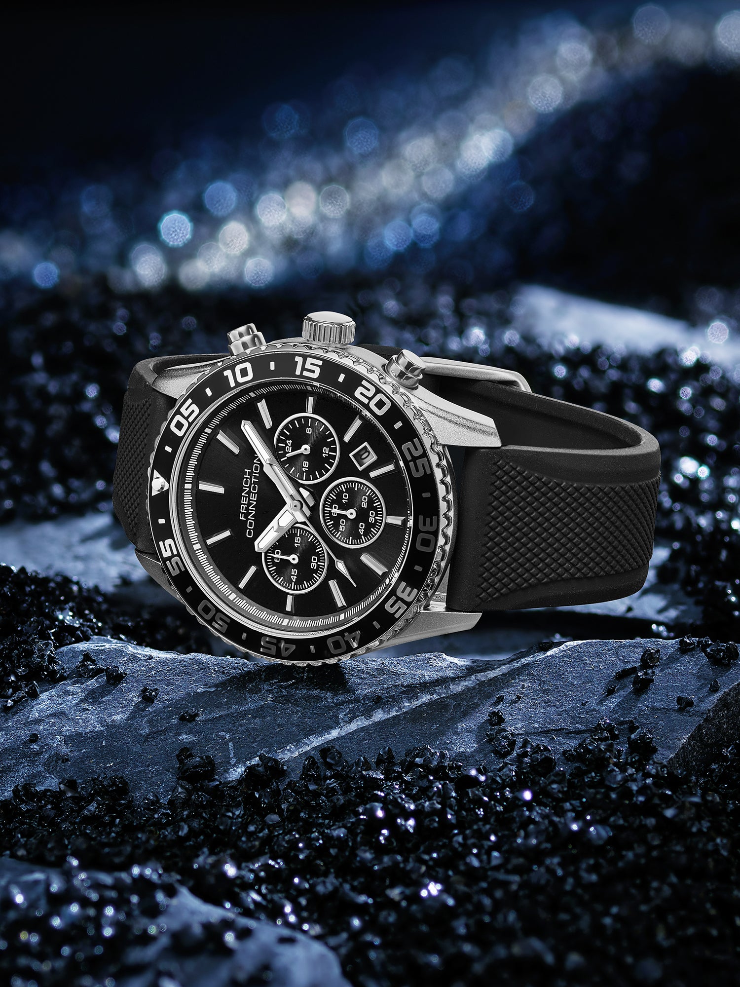 French Connection Raptor | Quartz Chronograph | Black Dial | Black Silicone Strap | Watch for Men - FCP50NB