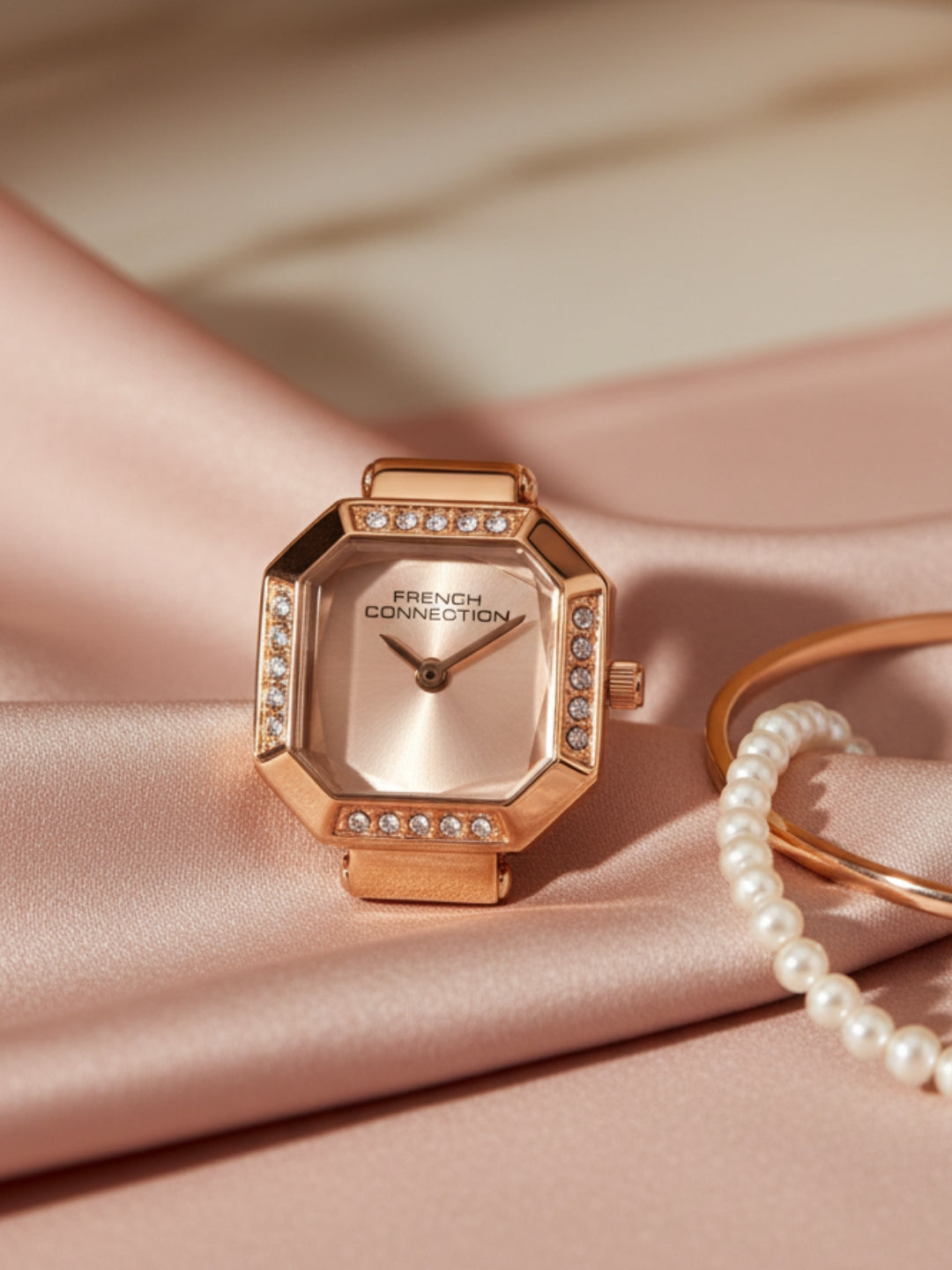 French Connection Women's Sunray Rose Gold Dial Analog Ring Watch FCR01RGM