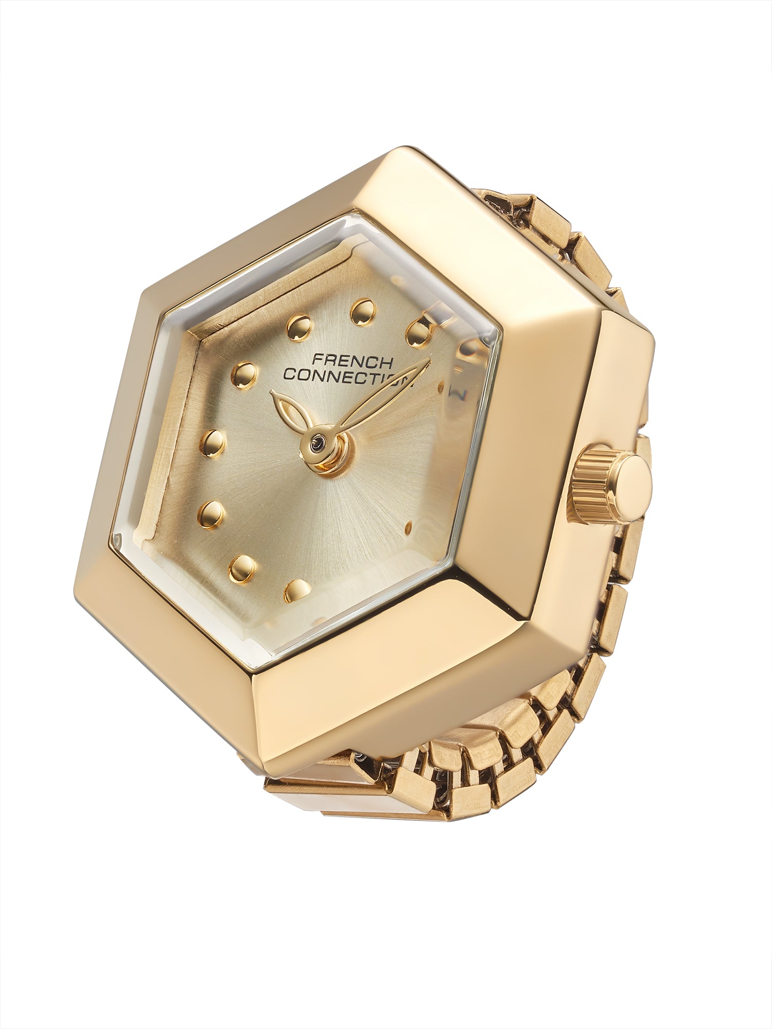 French Connection Women's Gold Sunray Dial Analog Ring Watch FCR02GM | Gold Stainless Steel Flexible Band | Hexagonal Case Design