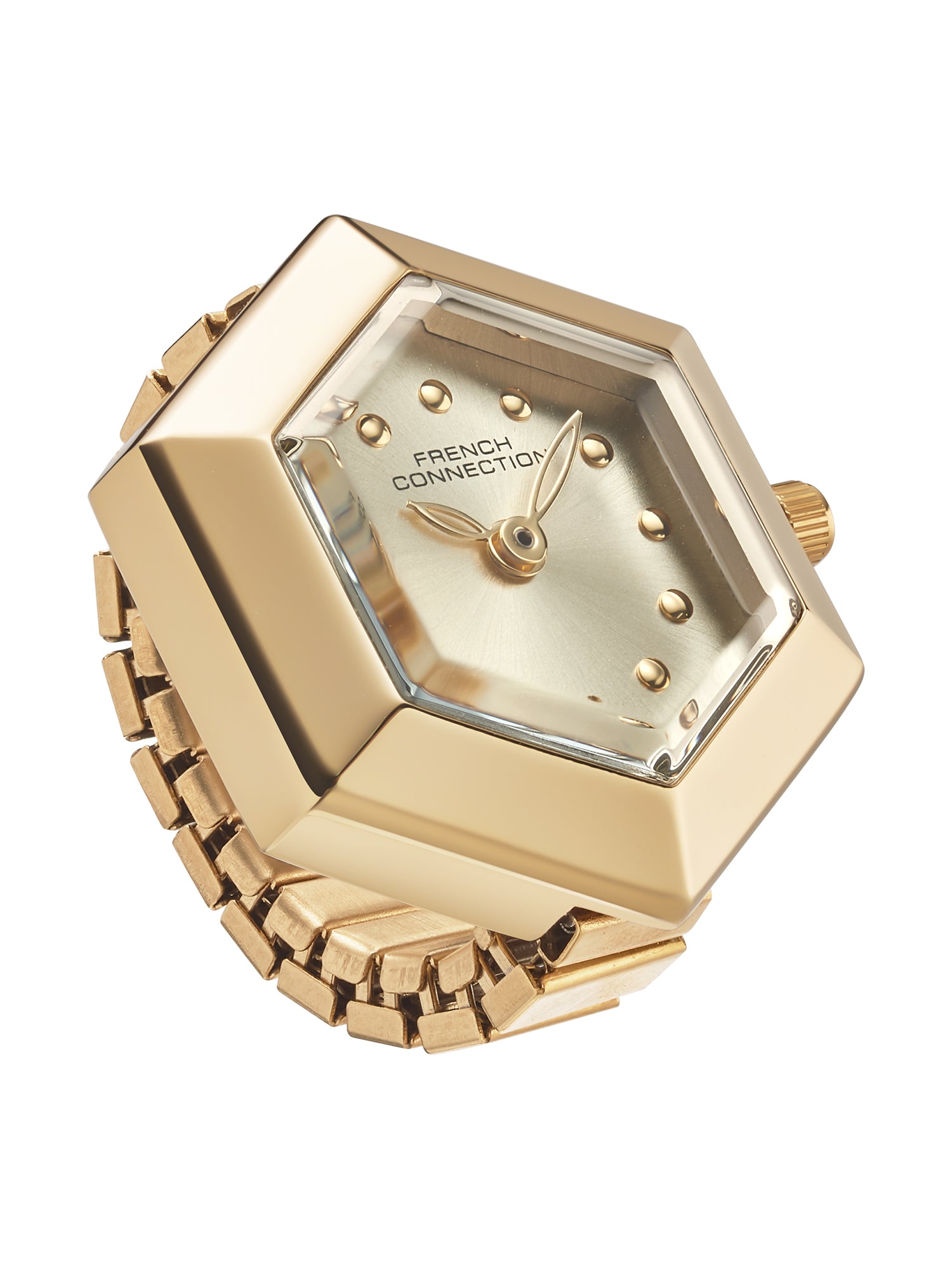 French Connection Women's Gold Sunray Dial Analog Ring Watch FCR02GM | Gold Stainless Steel Flexible Band | Hexagonal Case Design
