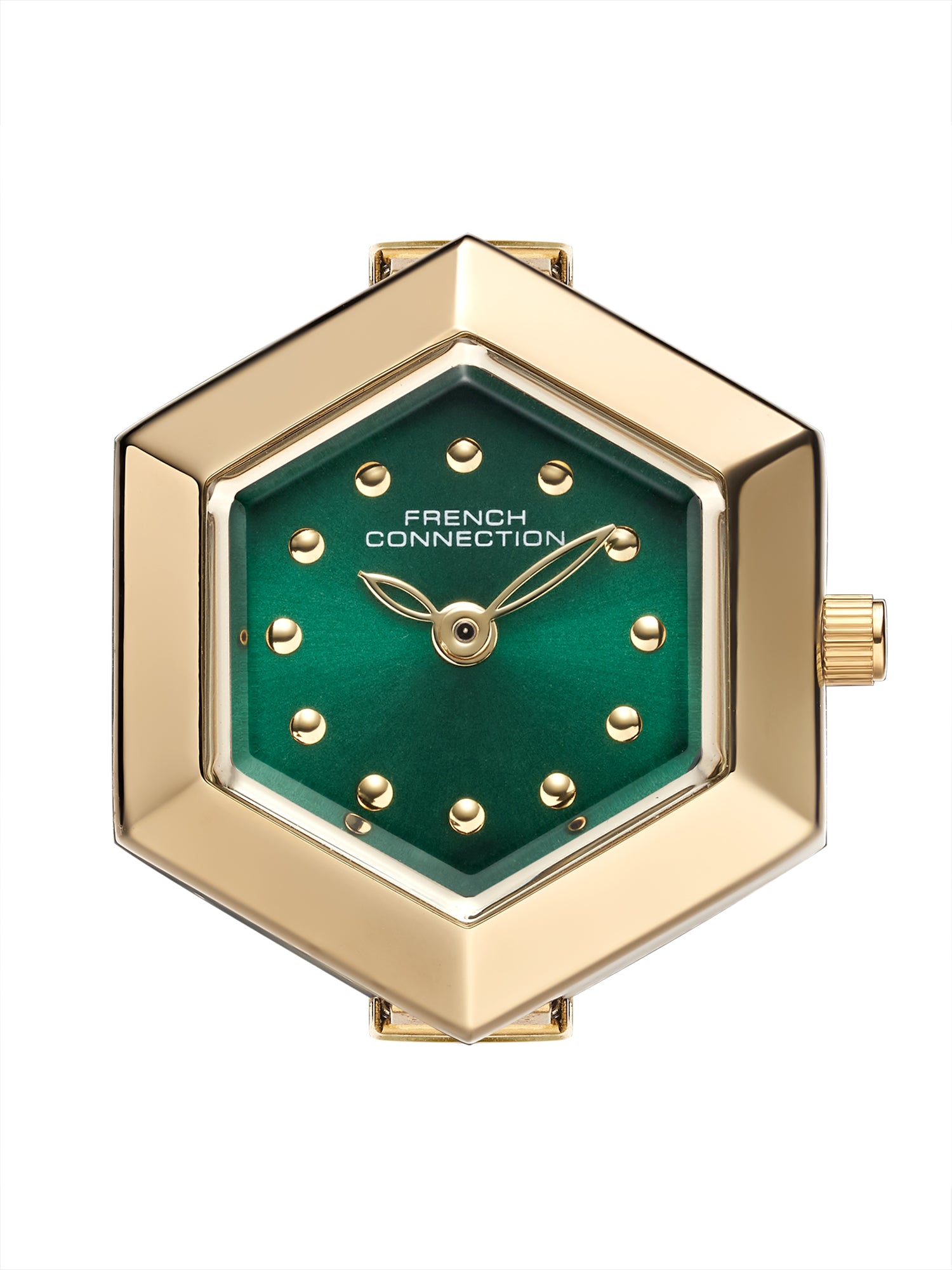 French Connection Women's Green Sunray Dial Analog Ring Watch FCR02NGM | Gold-Tone Flexible Ring Band | Crystal Accent Design