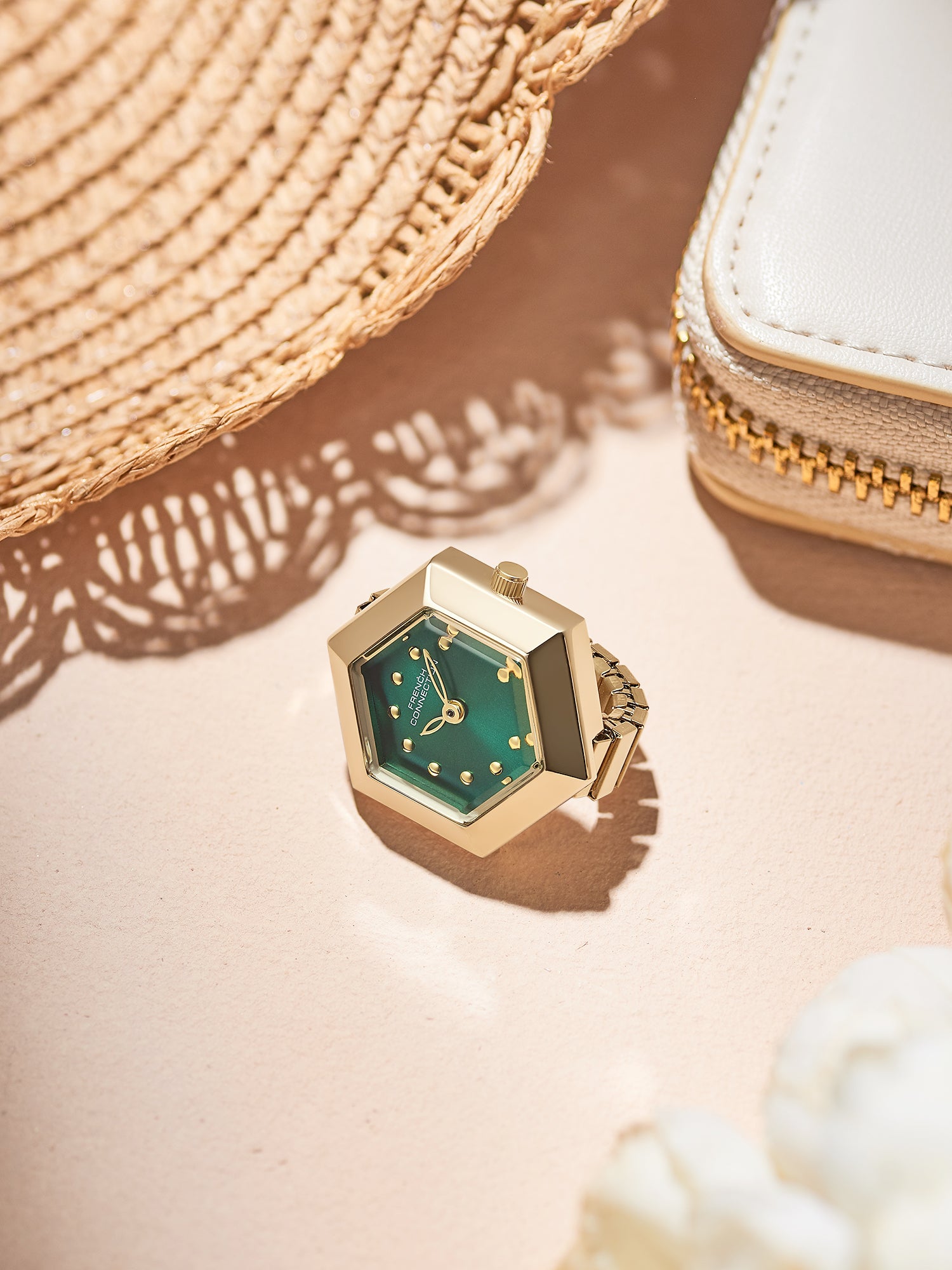 French Connection Women's Green Sunray Dial Analog Ring Watch FCR02NGM | Gold-Tone Flexible Ring Band | Crystal Accent Design