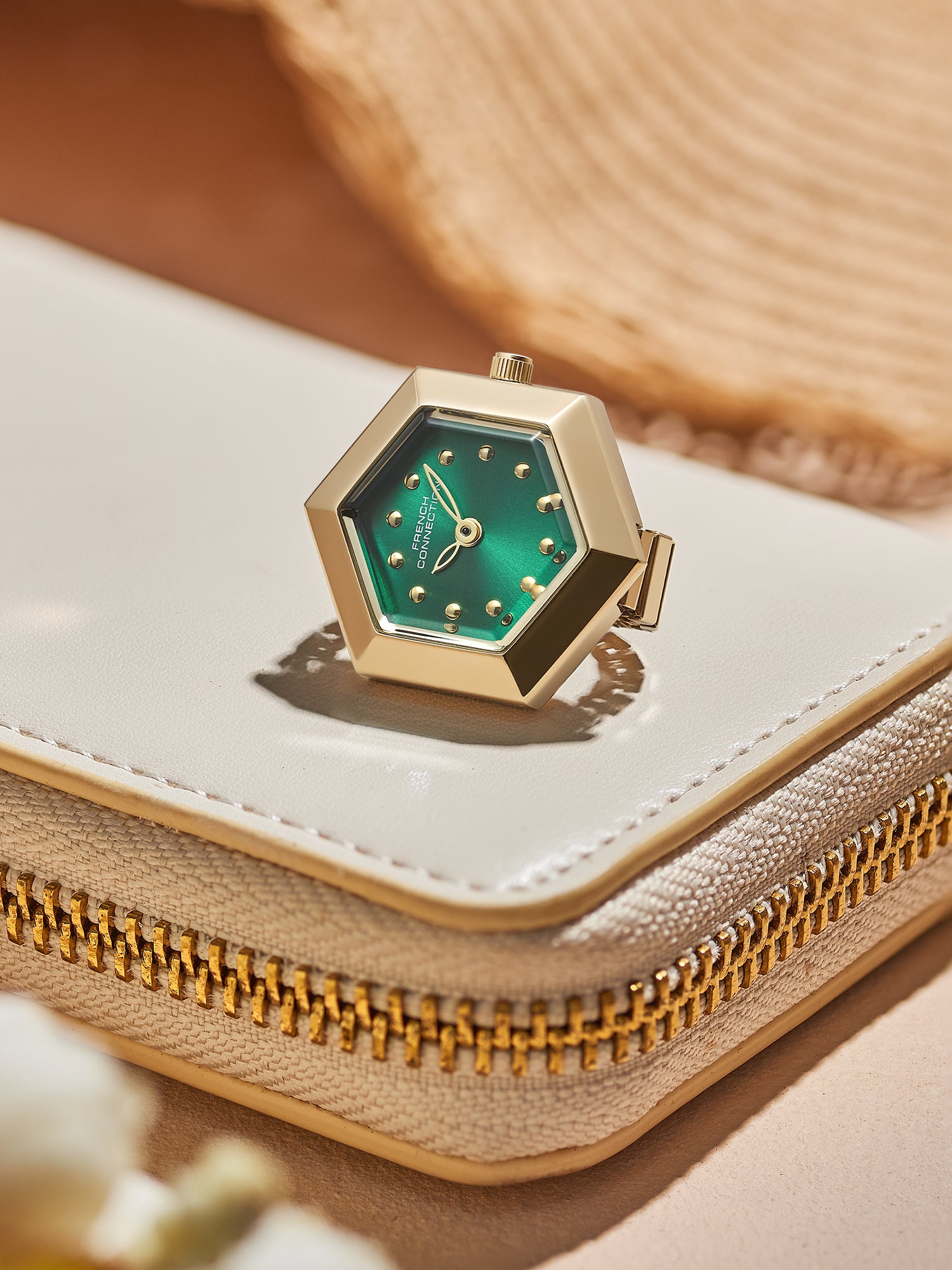 French Connection Women's Green Sunray Dial Analog Ring Watch FCR02NGM | Gold-Tone Flexible Ring Band | Crystal Accent Design