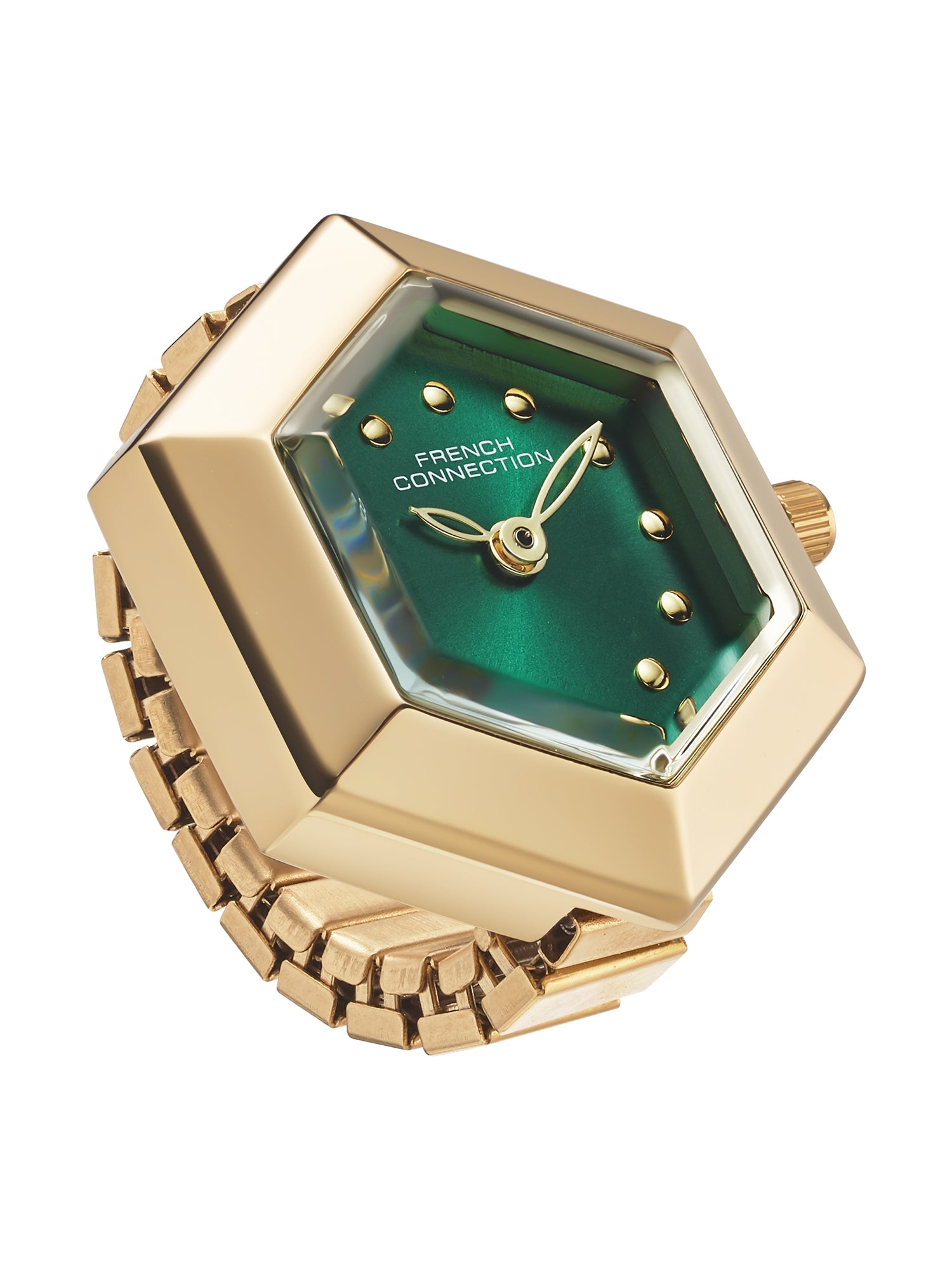 French Connection Women's Green Sunray Dial Analog Ring Watch FCR02NGM | Gold-Tone Flexible Ring Band | Crystal Accent Design