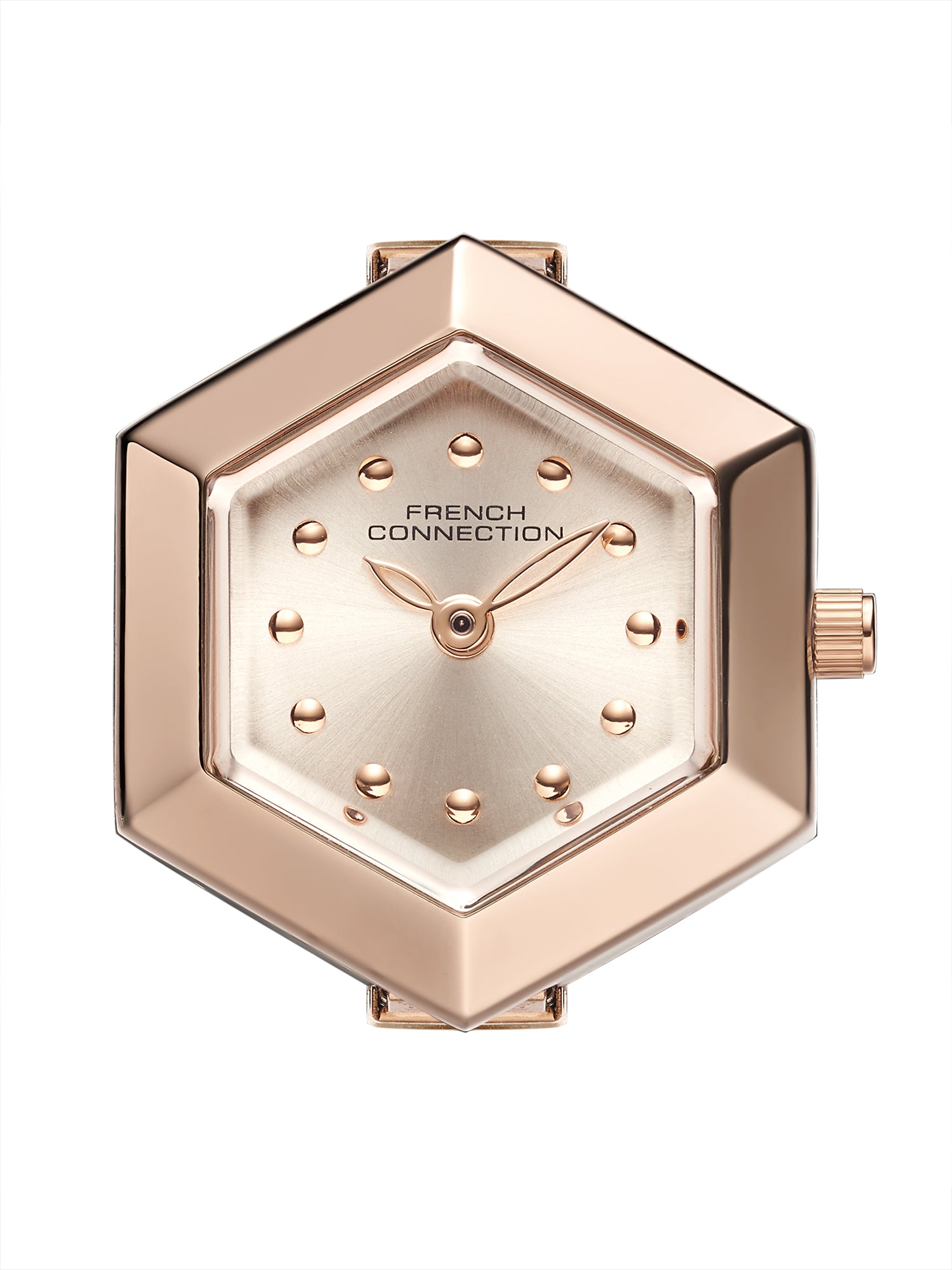 French Connection Women's Pink Sunray Dial Analog Ring Watch FCR02RGM | Rose Gold Stainless Steel Flexible Band | Crystal Accent Design