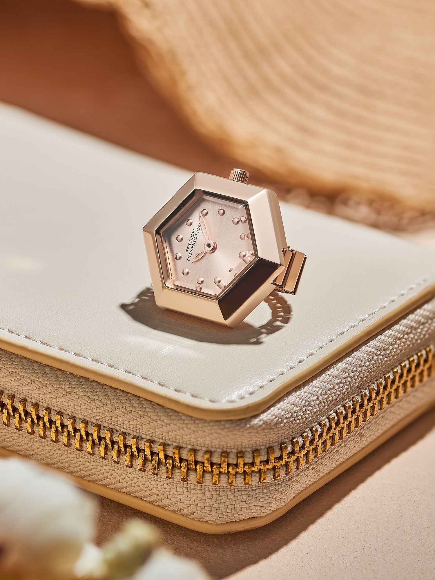 French Connection Women's Pink Sunray Dial Analog Ring Watch FCR02RGM | Rose Gold Stainless Steel Flexible Band | Crystal Accent Design