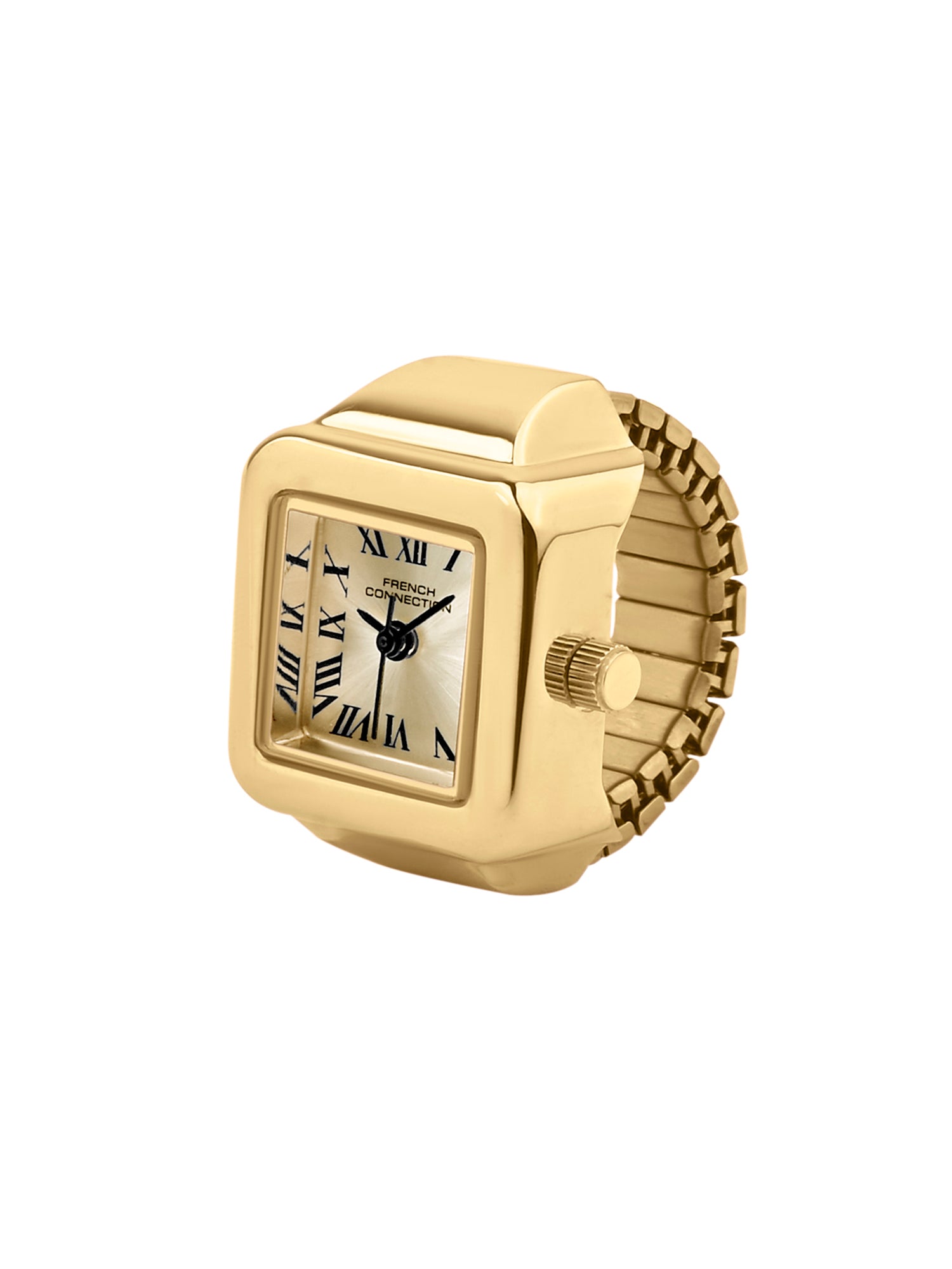 French Connection Women's Sunray Gold Dial Analog Ring Watch FCR03GM | Square Gold-Tone Ring Case