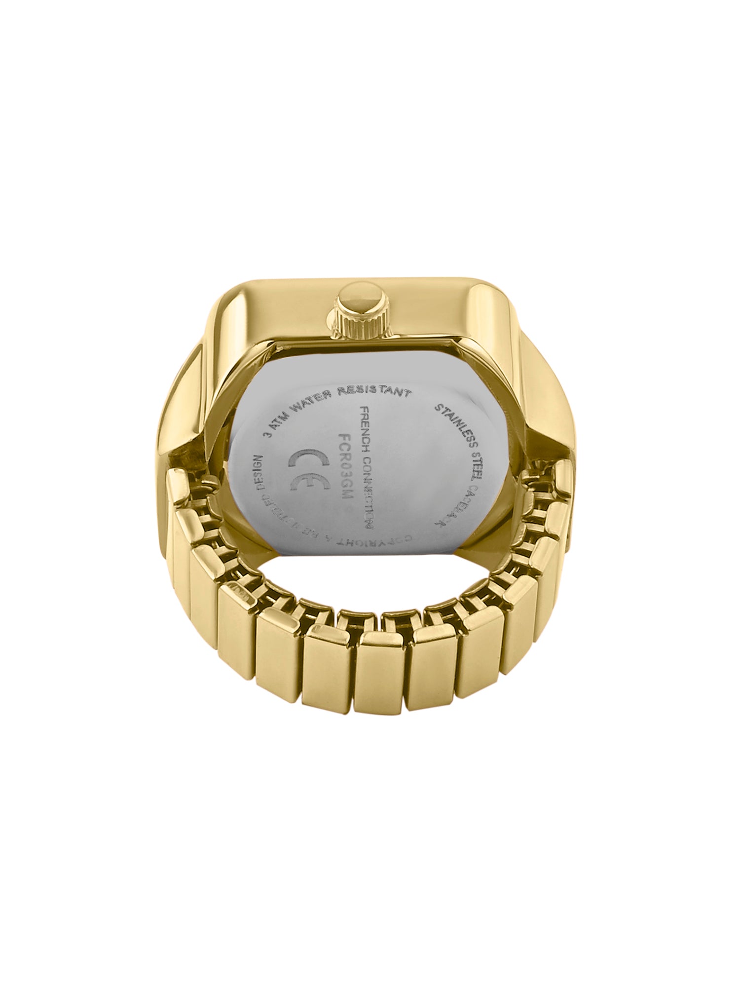 French Connection Women's Sunray Gold Dial Analog Ring Watch FCR03GM | Square Gold-Tone Ring Case