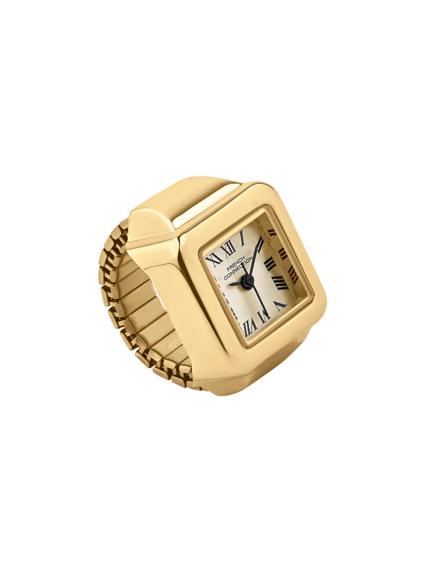 French Connection Women's Sunray Gold Dial Analog Ring Watch FCR03GM | Square Gold-Tone Ring Case